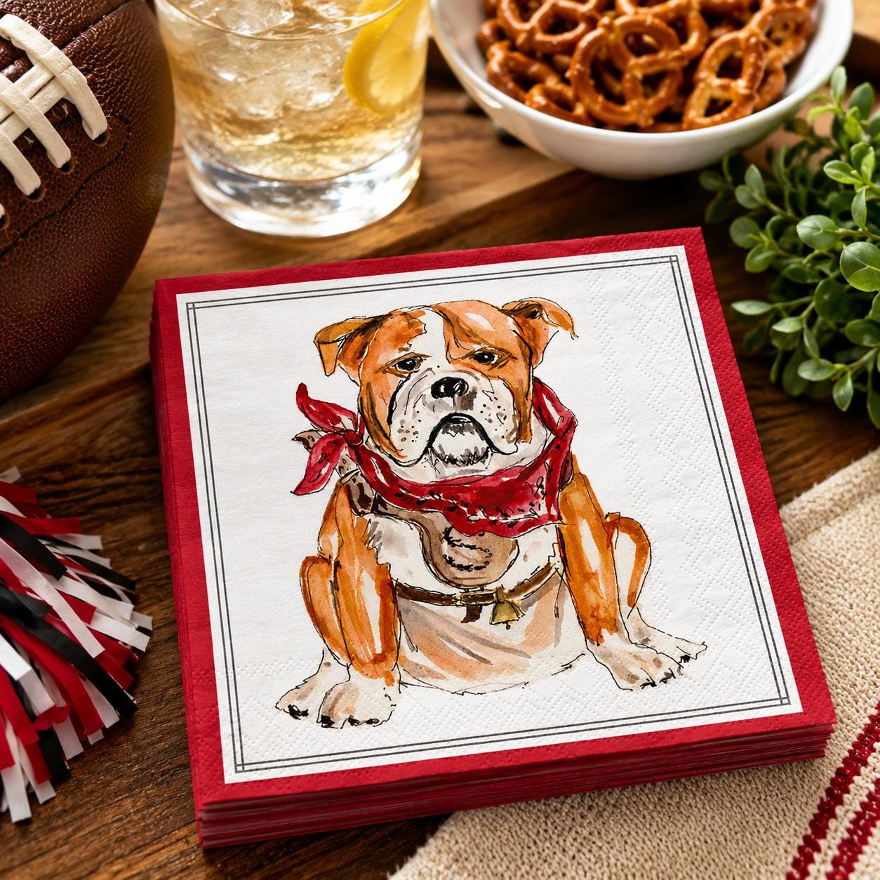 Football Beverage Napkins, Hostess Gift, Dog Lover Gift, School Spirit Party, College Football, Football Fan Gift, Bulldog Napkins