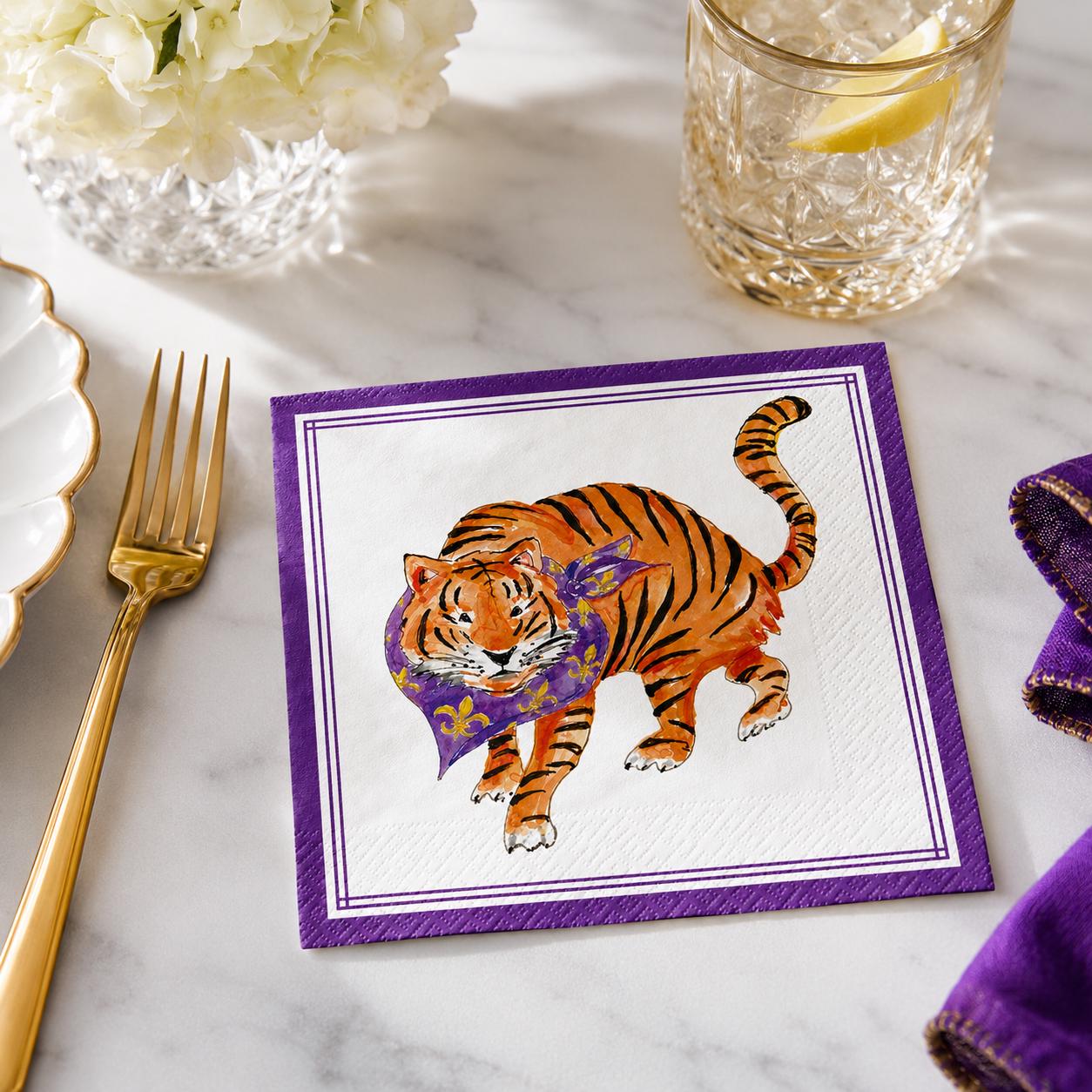 Tiger Cocktail Napkins Football Party Supplies Napkins Tailgate Party Decor Purple & Gold Paper Napkins Beverage Napkins Tiger Decor
