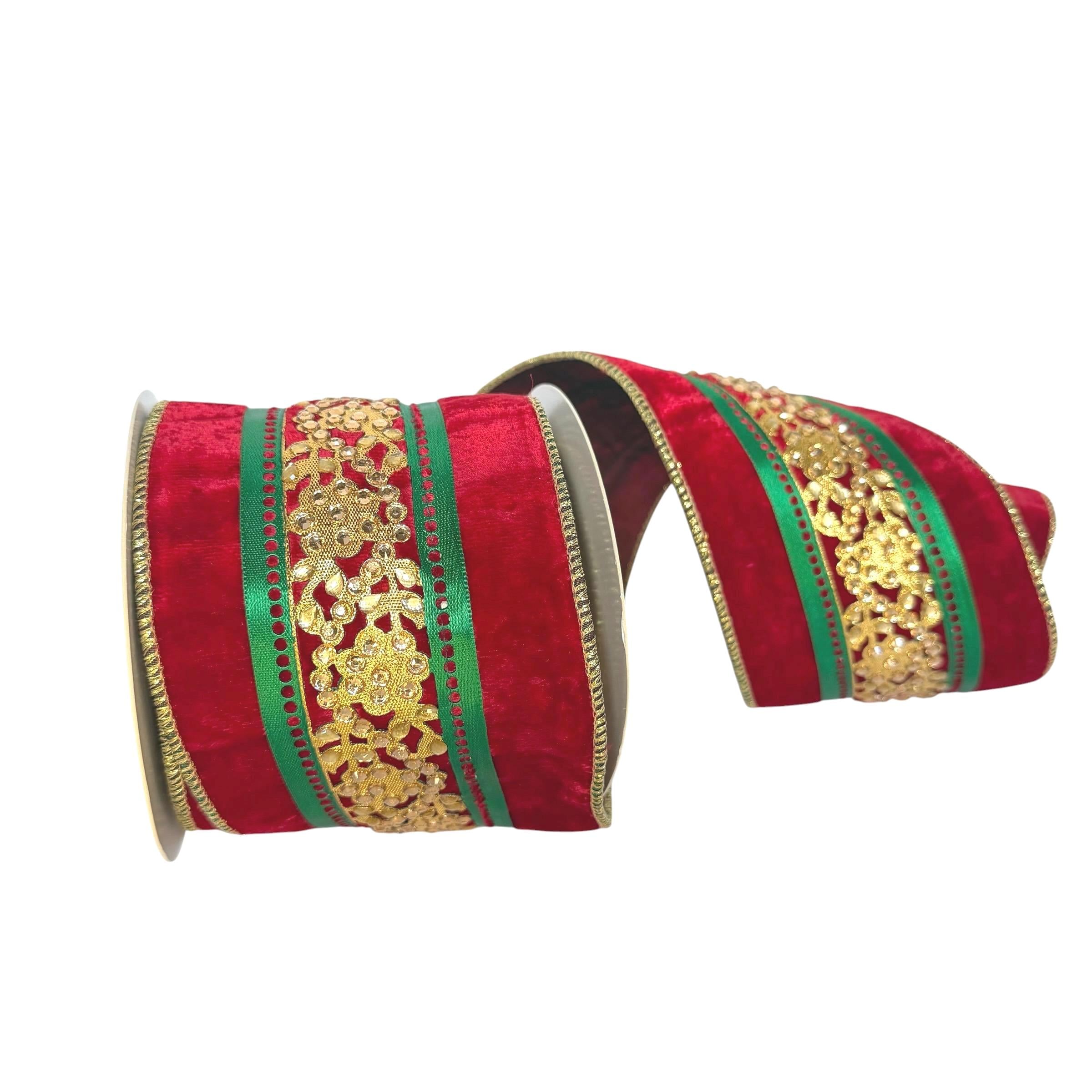 4 Inch Red Green Gold Velvet Christmas Ribbon Wired Ribbon