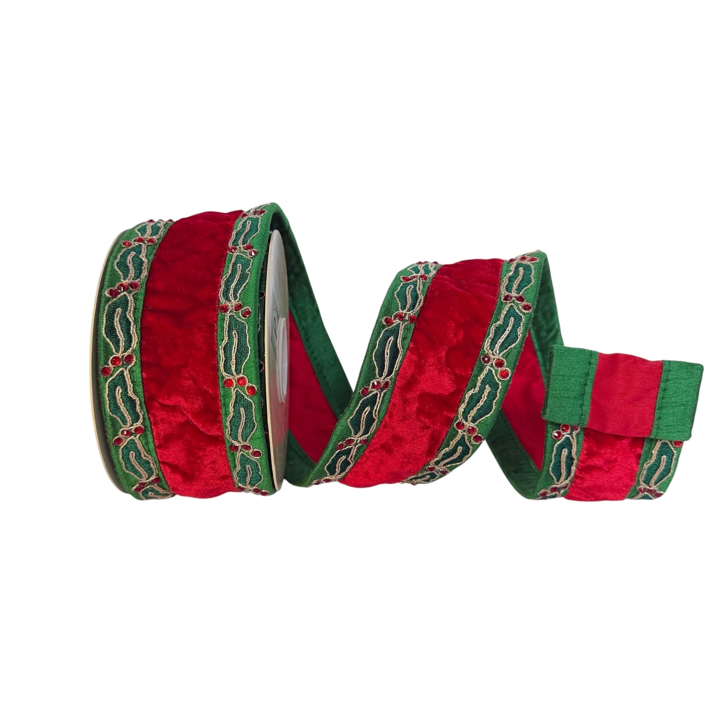 Red Velvet Christmas Ribbon Wired Edge Holly Ribbon Designer Ribbon Christmas Tree Ribbon Wreath Ribbon Bow Making Holiday Decor 2.5 Inch 5