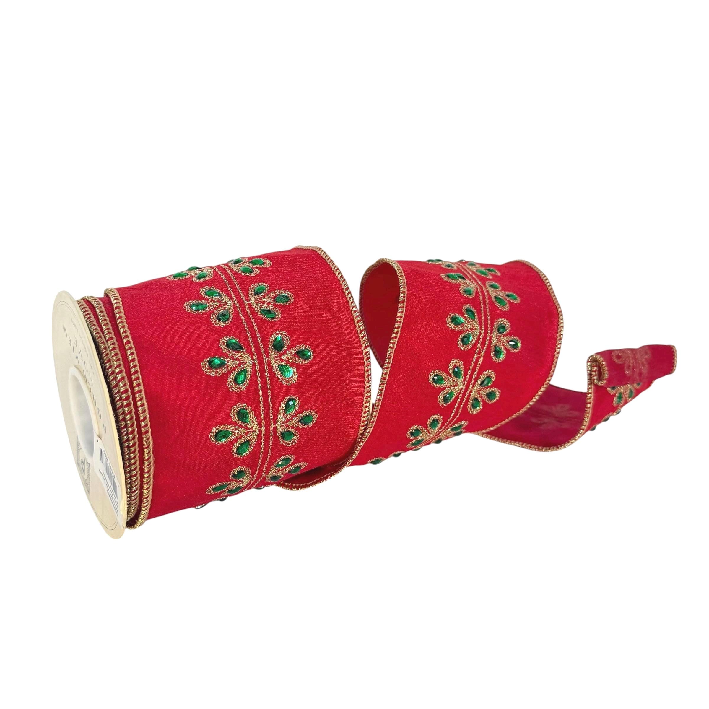 Red Dupioni Christmas Ribbon Wired Edge Ribbon Gold Embroidered Ribbon Christmas Tree Ribbon Wreath Ribbon Bow Making Holiday Decor