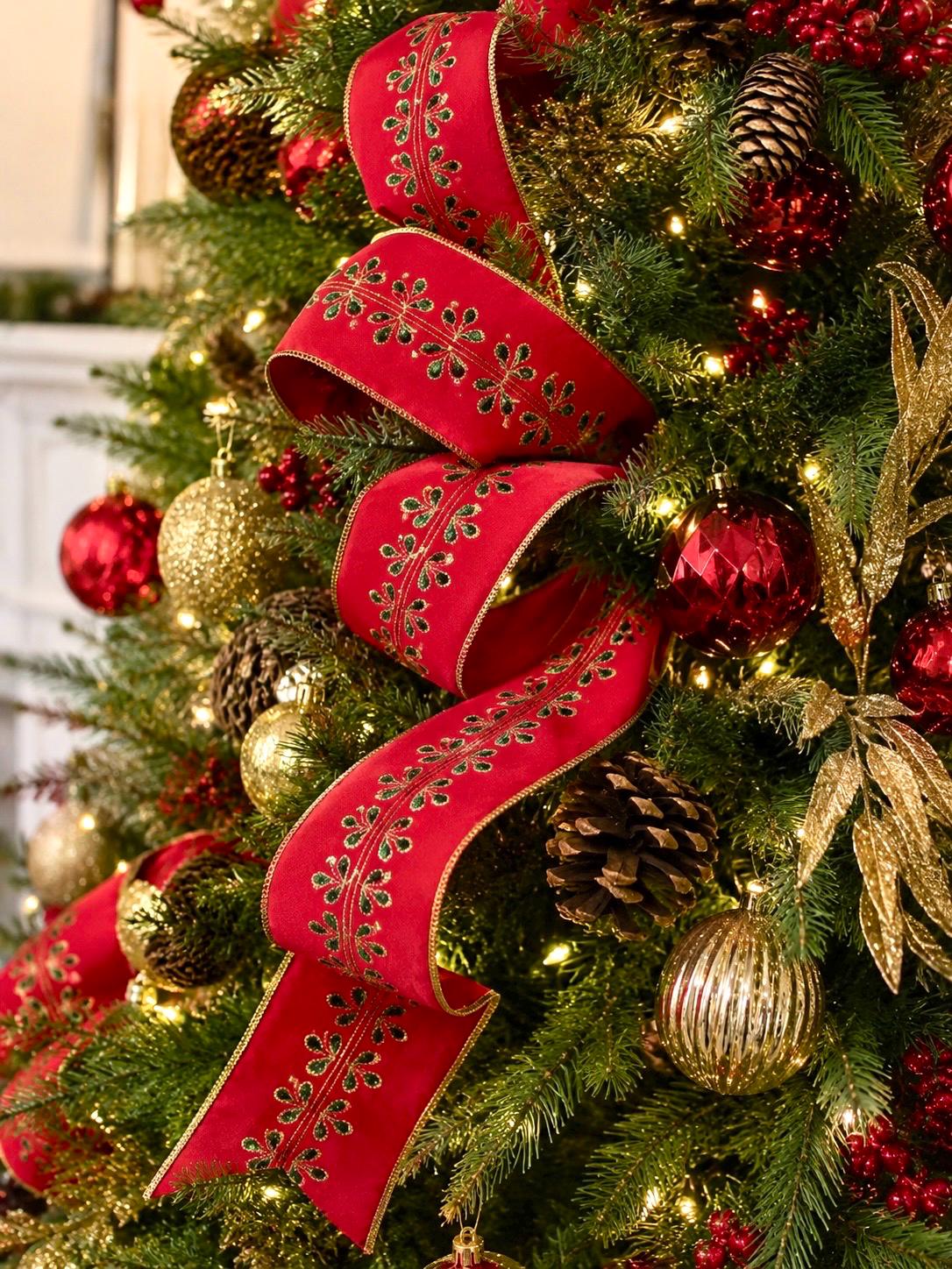 Red Dupioni Christmas Ribbon Wired Edge Ribbon Gold Embroidered Ribbon Christmas Tree Ribbon Wreath Ribbon Bow Making Holiday Decor