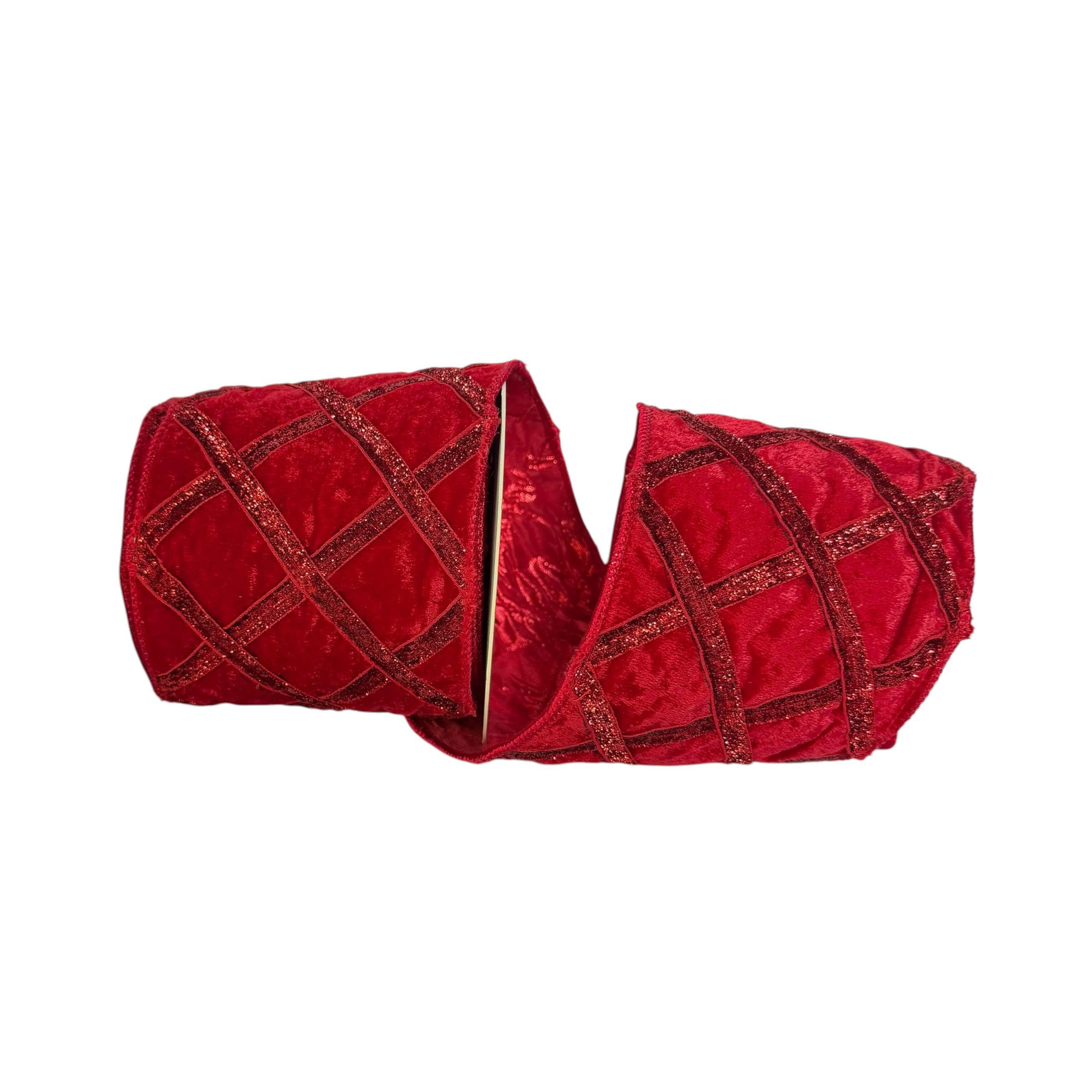 Red Velvet Christmas Ribbon, Wired Ribbon, Glitter Lattice Ribbon for Wreaths & Tree Decor