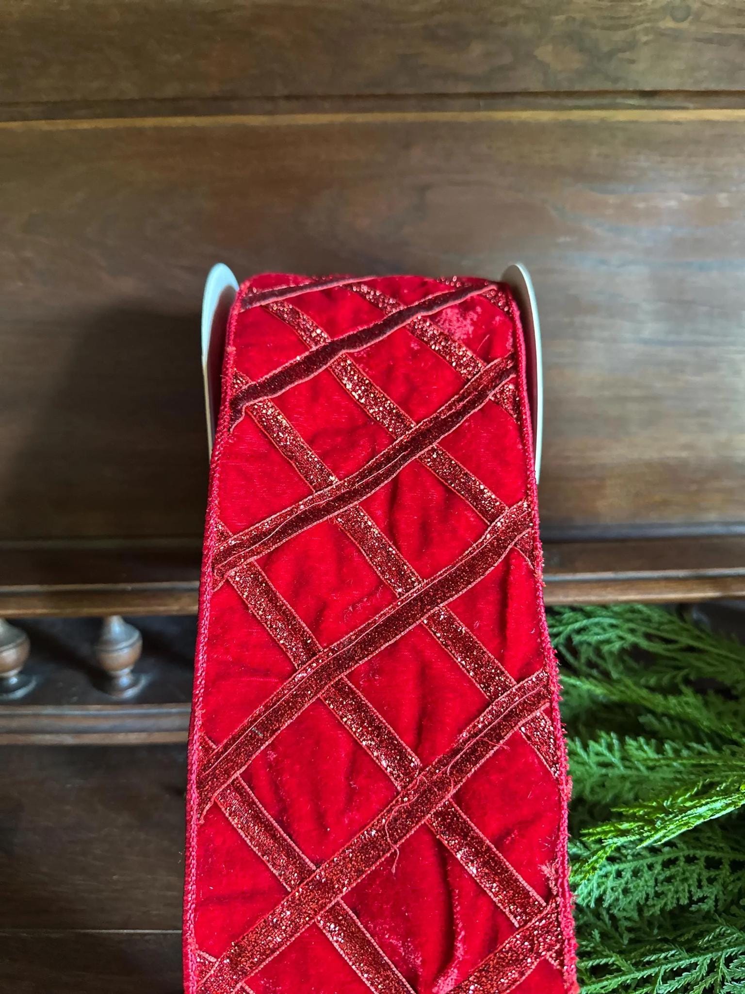 Red Velvet Christmas Ribbon, Wired Ribbon, Glitter Lattice Ribbon for Wreaths & Tree Decor