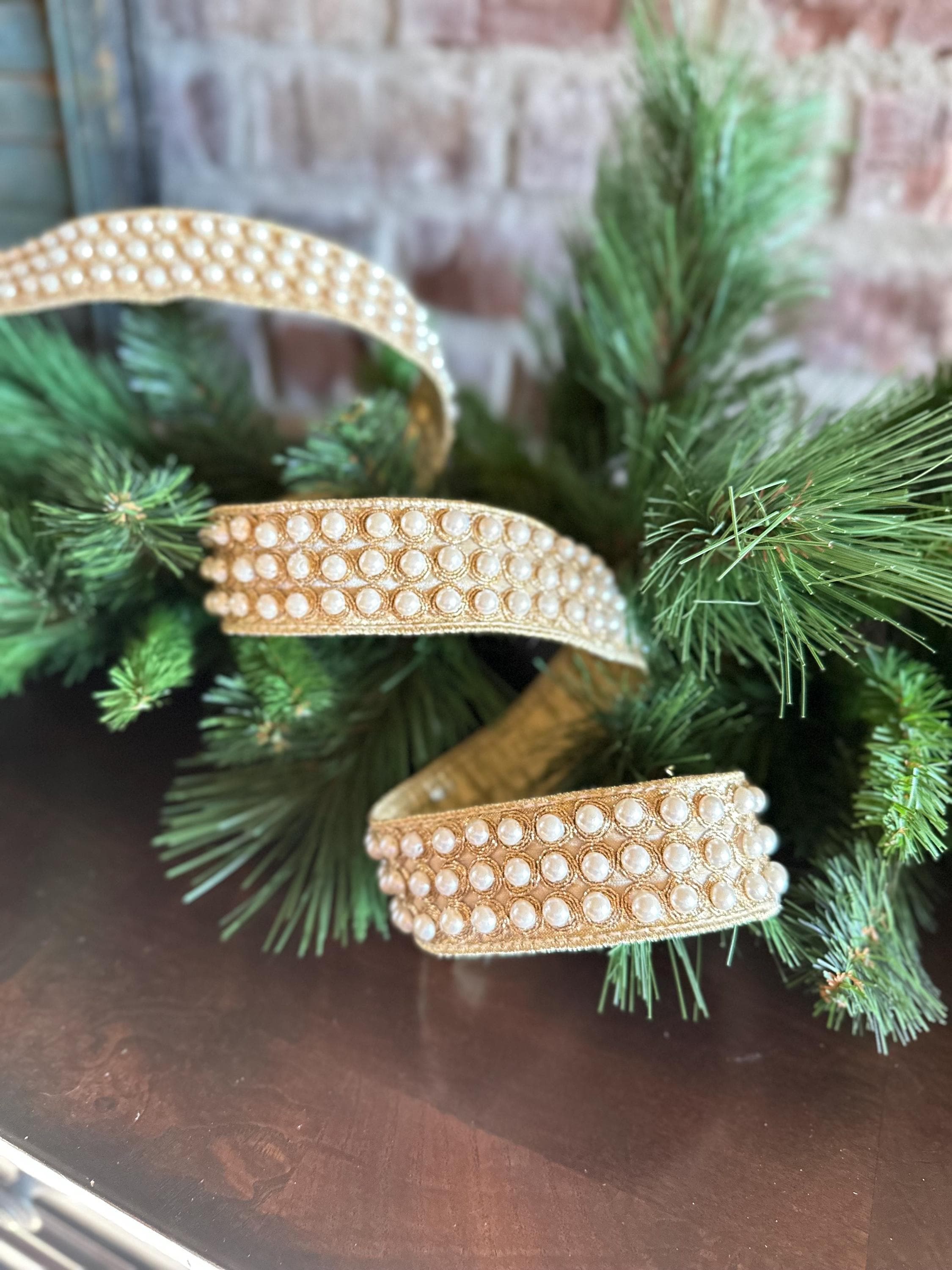 Christmas Ribbon, Wired Ribbon, D. Stevens Ribbon, Gold Ribbon, Designer Ribbon, Luxury Pearl Trim Ribbon, Tree Decor
