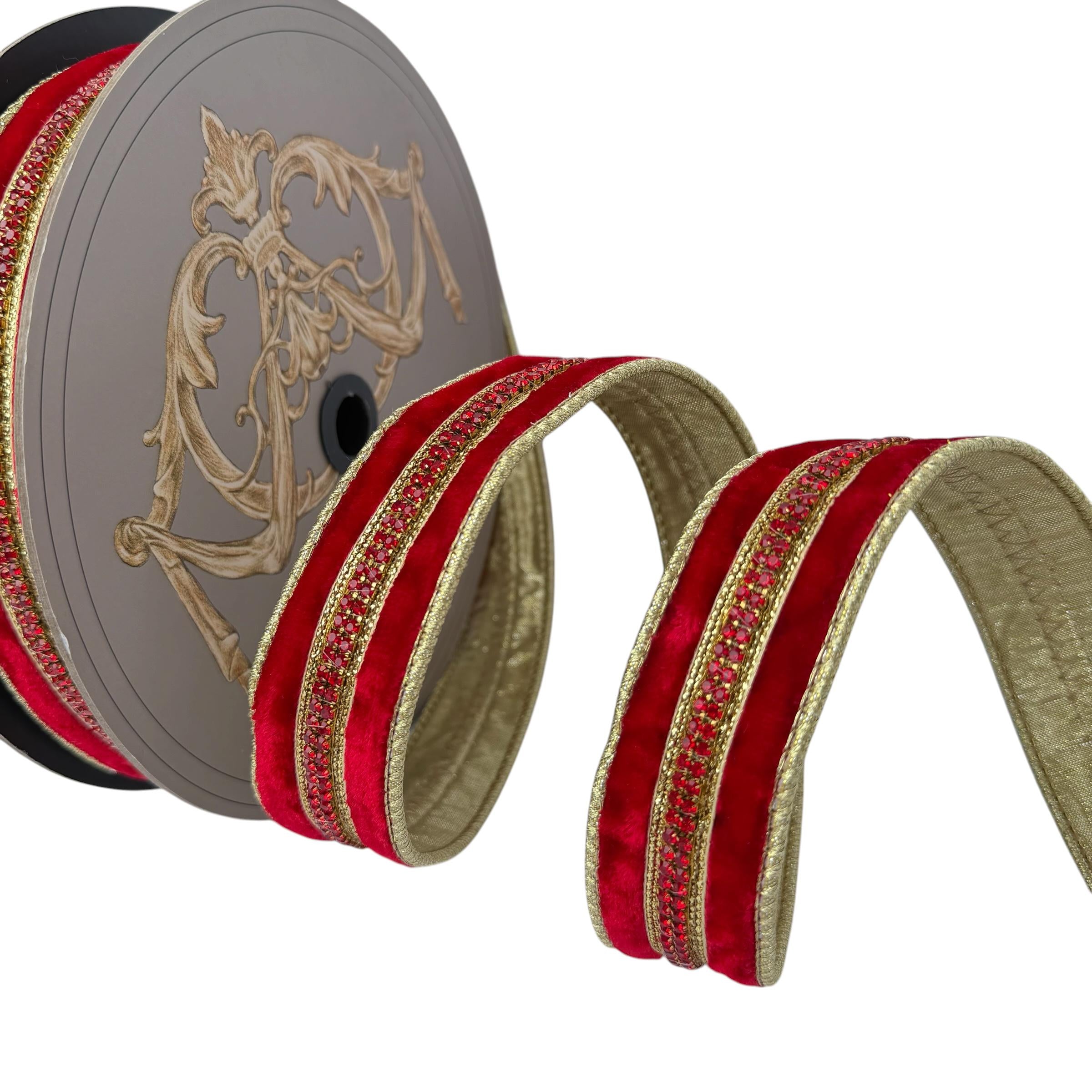 Christmas Ribbon, Wired Ribbon, Luxury Ribbon, Red Velvet Gold Ribbon, Holiday Ribbon, D Stevens Designer Ribbon, Christmas Tree Ribbon