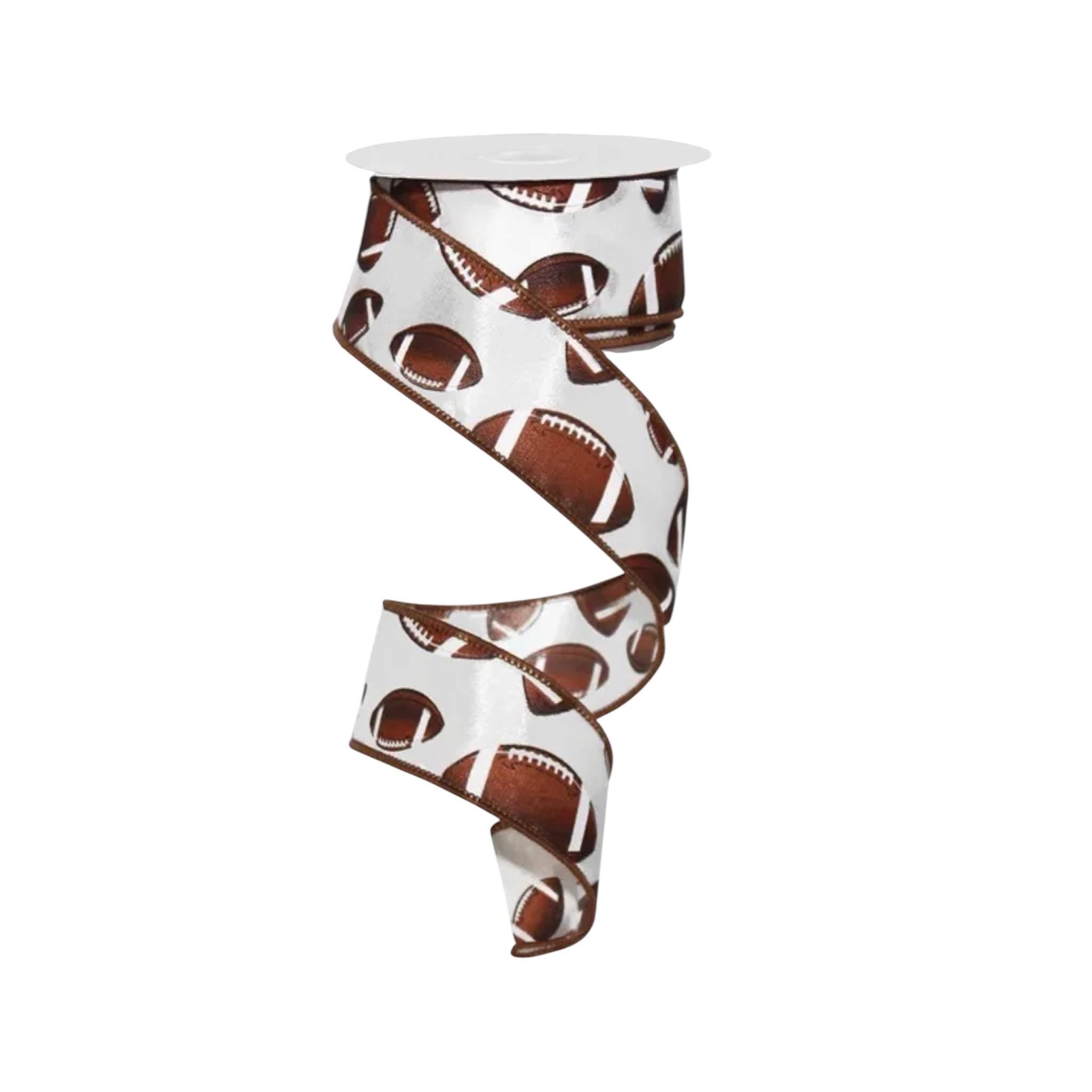 Football Wired Ribbon – Brown & White Football Print – 10 Yard
