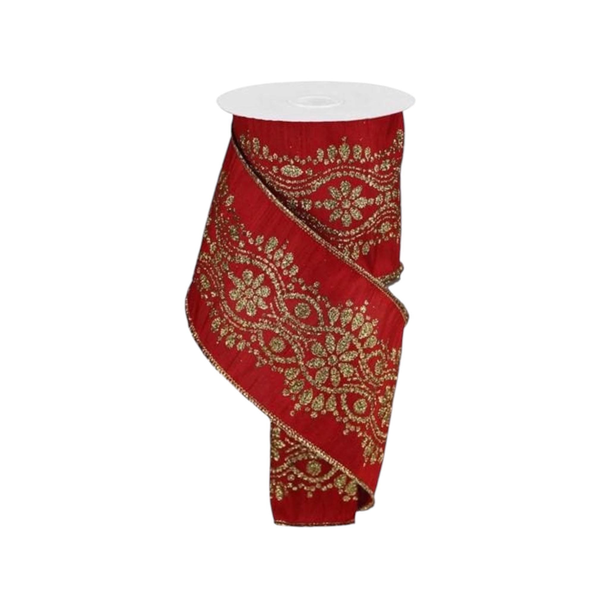 Christmas Wired Ribbon, Red Gold Ribbon, Holiday Ribbon, Designer Ribbon Luxury Ribbon Wreath Ribbon Bow Making Ribbon Wide Ribbon
