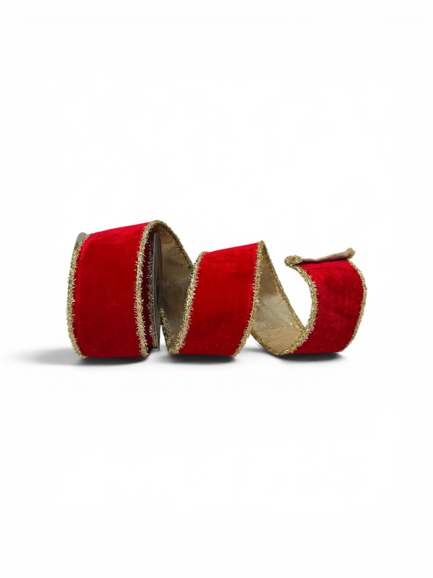 Christmas Velvet Wired Ribbon, Red Velvet Ribbon, Gold Tinsel Edge Ribbon, Luxury Holiday Ribbon Designer Ribbon Bow Making John Mark Ribbon