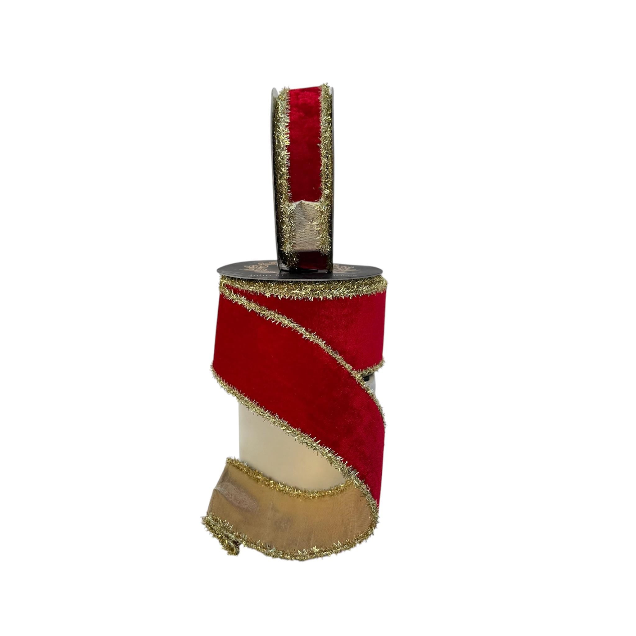 Christmas Velvet Wired Ribbon, Red Velvet Ribbon, Gold Tinsel Edge Ribbon, Luxury Holiday Ribbon Designer Ribbon Bow Making John Mark Ribbon
