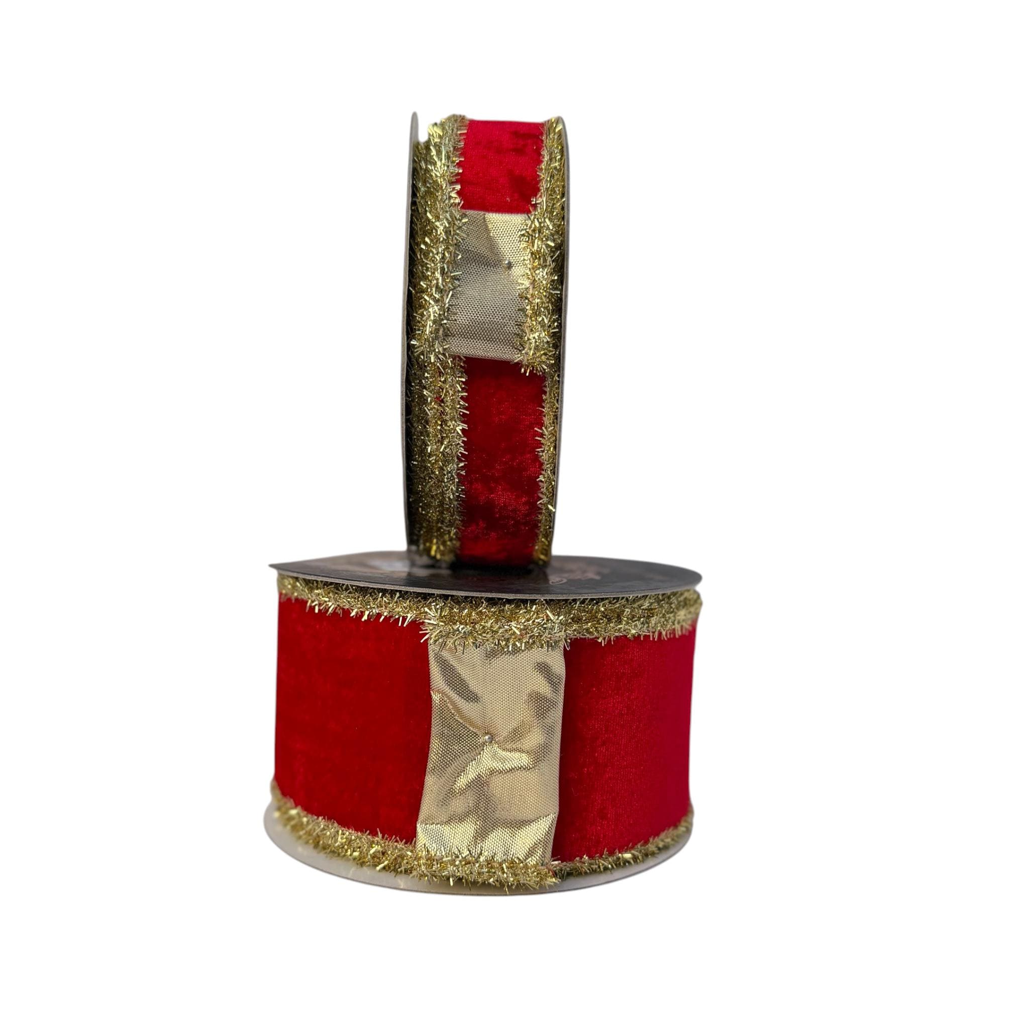 Christmas Velvet Wired Ribbon, Red Velvet Ribbon, Gold Tinsel Edge Ribbon, Luxury Holiday Ribbon Designer Ribbon Bow Making John Mark Ribbon