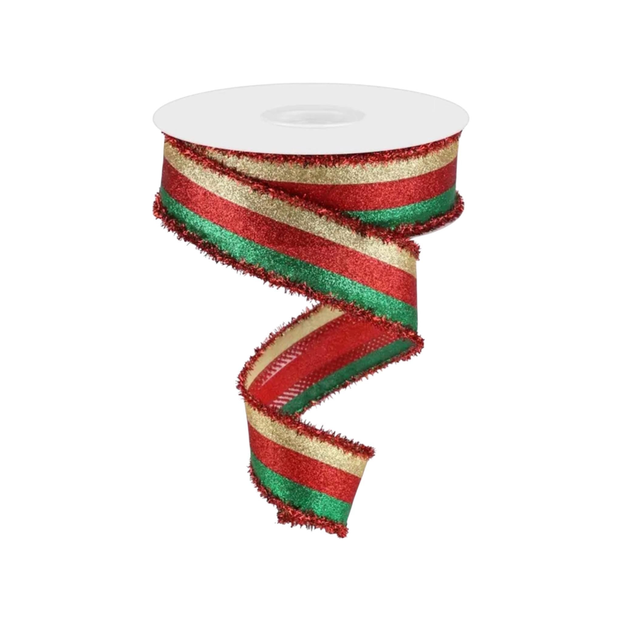 Christmas Wired Ribbon, Red Green Glitter Stripe Ribbon, Holiday Ribbon, Bow Making Ribbon, Designer Ribbon, Christmas Decor