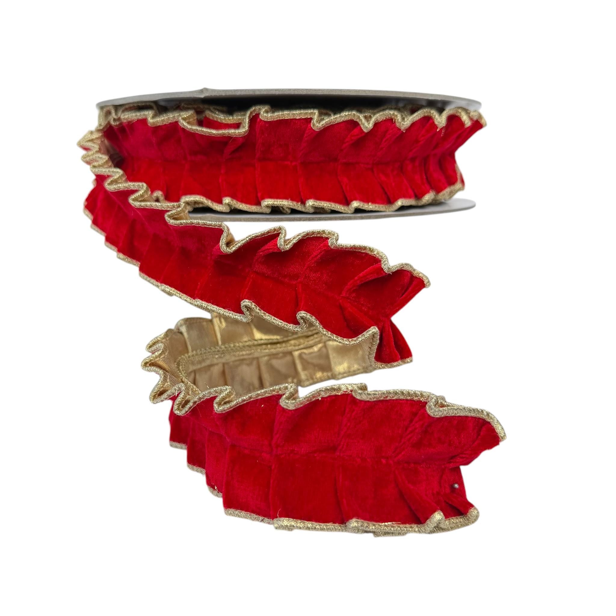 Red Velvet Wired Ribbon, Pleated Gold Metallic Dupioni Double Fused Ribbon, Christmas Ribbon, Designer Ribbon Bow Making, John Mark Ribbon