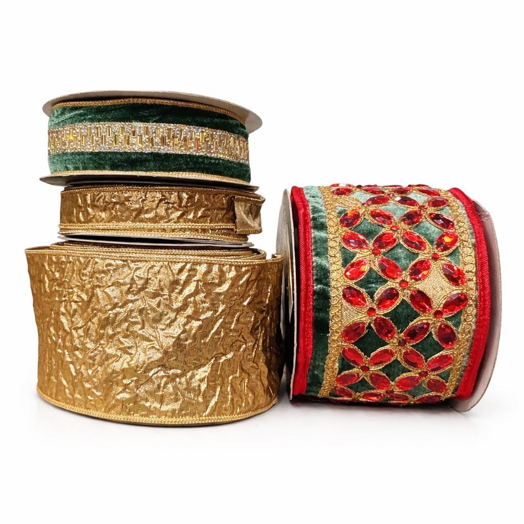 Christmas Ribbon, Wired Ribbon, Wreath Ribbon, Designer Ribbon, Gold Metallic Ribbon, Bow Making, John Mark Ribbon