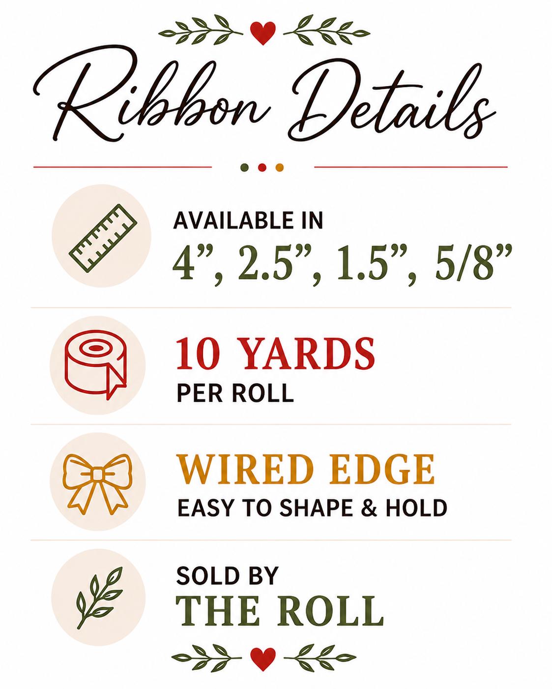 Solid Red Wired Ribbon- Available in 7/8", 1.5", 2.5" x 10yds