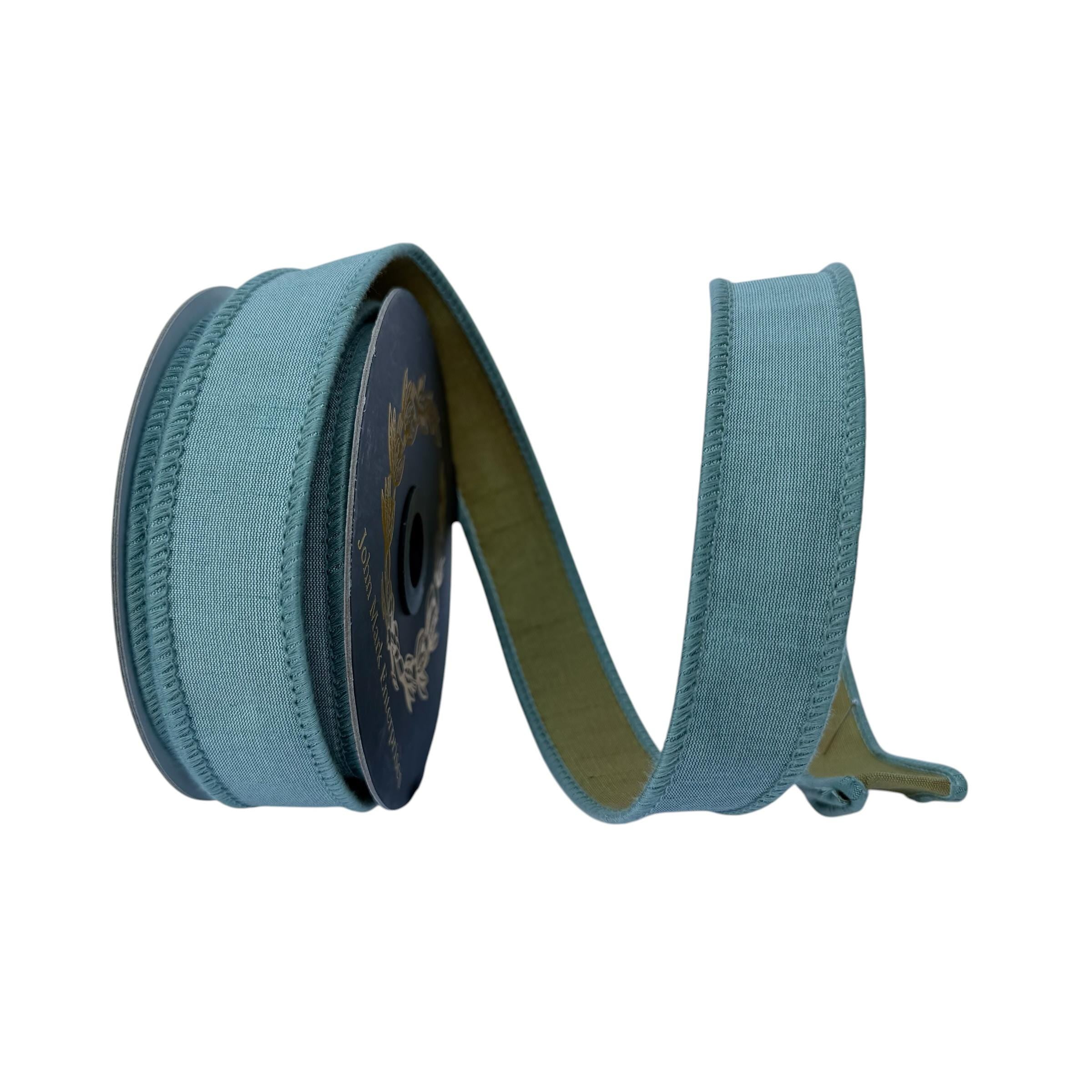 John Mark Blue Dupion Wired Ribbon with Olive Green Back 1 Inch x 10 Yards Designer Luxury Ribbon for Wreaths Bows Floral Design