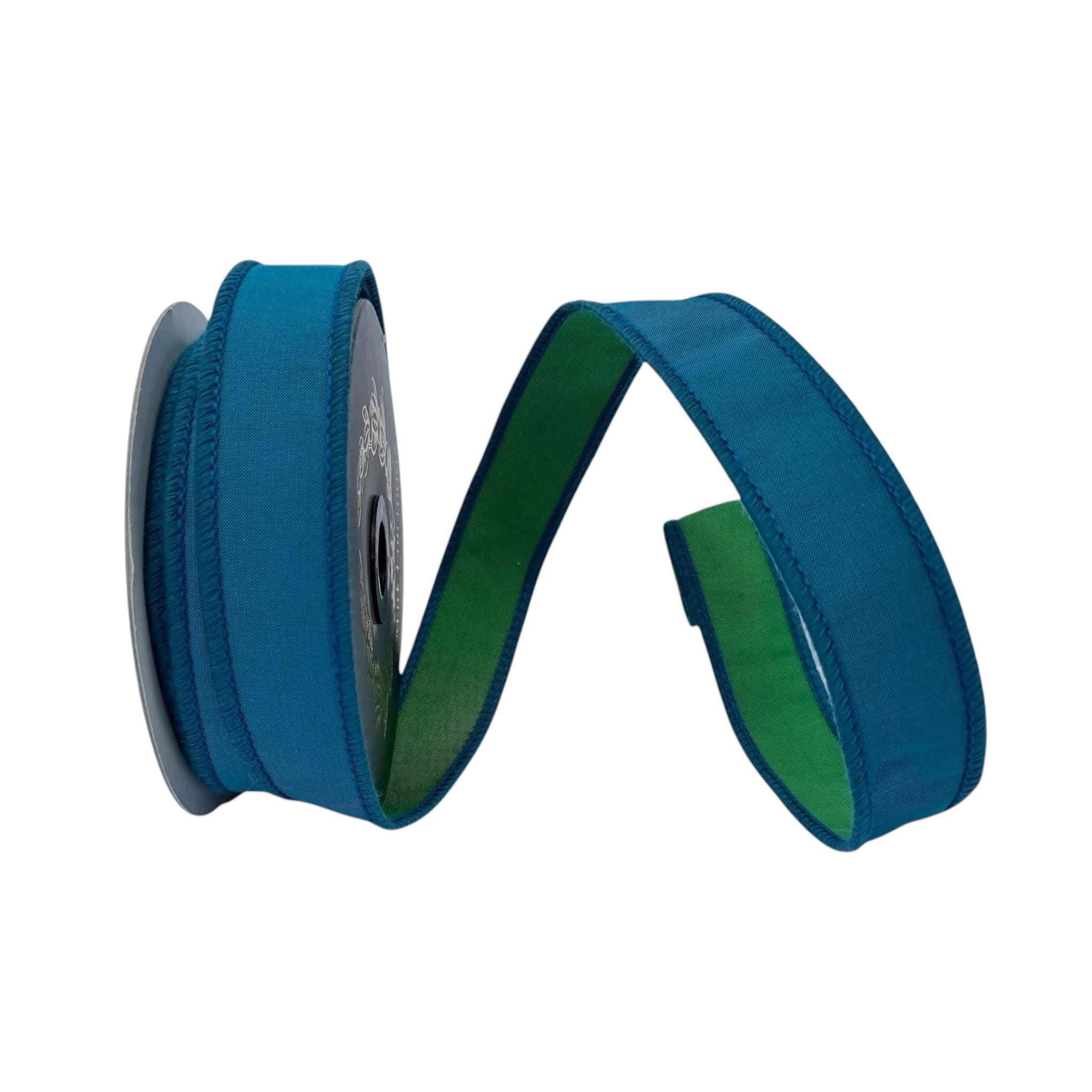 Teal Designer Wired Ribbon | Premium John Mark Taffeta Ribbon with Green Backing