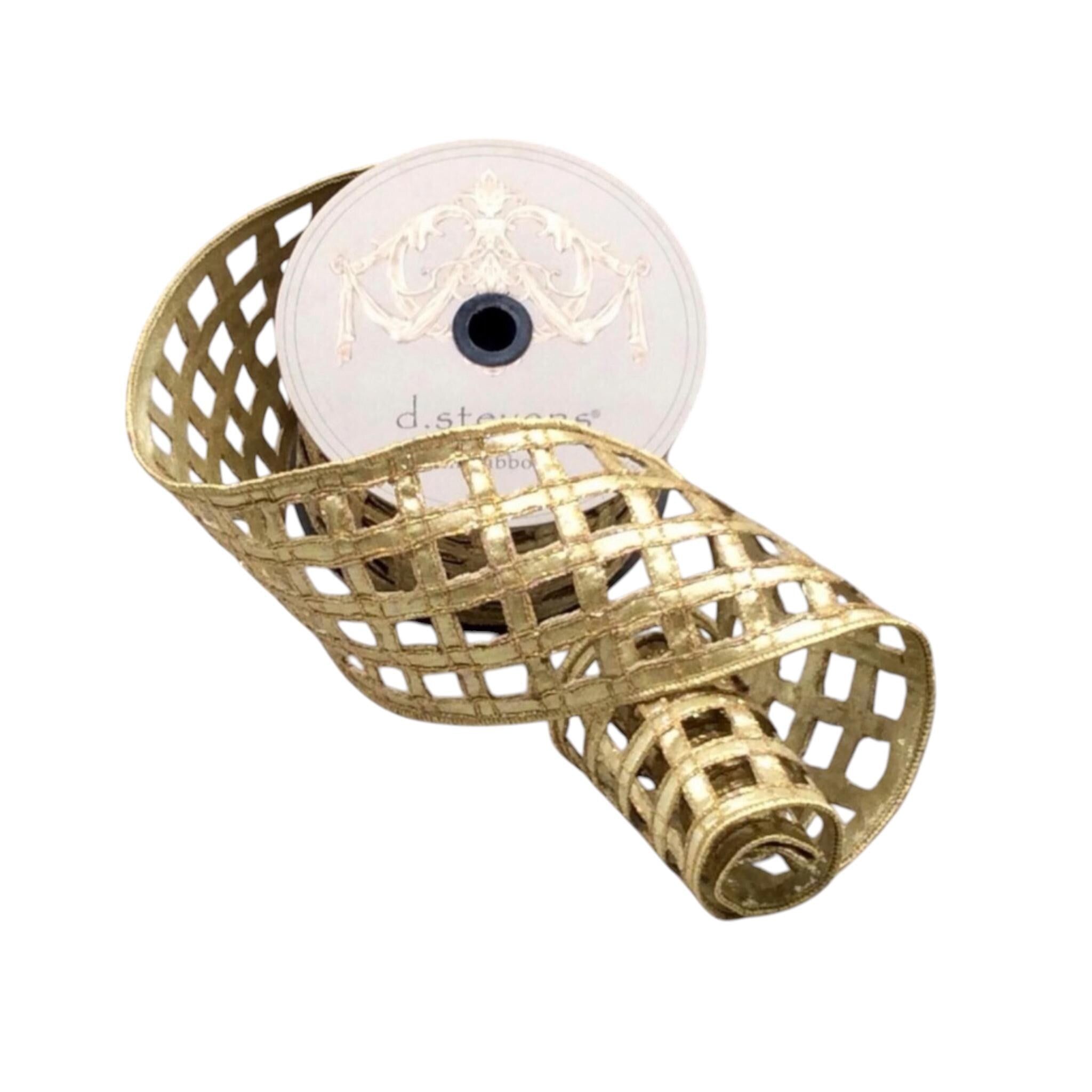 Christmas Ribbon Wired Ribbon Windowpane Ribbon Gold Ribbon Wreath Ribbon Holiday Designer Ribbon D. Stevens