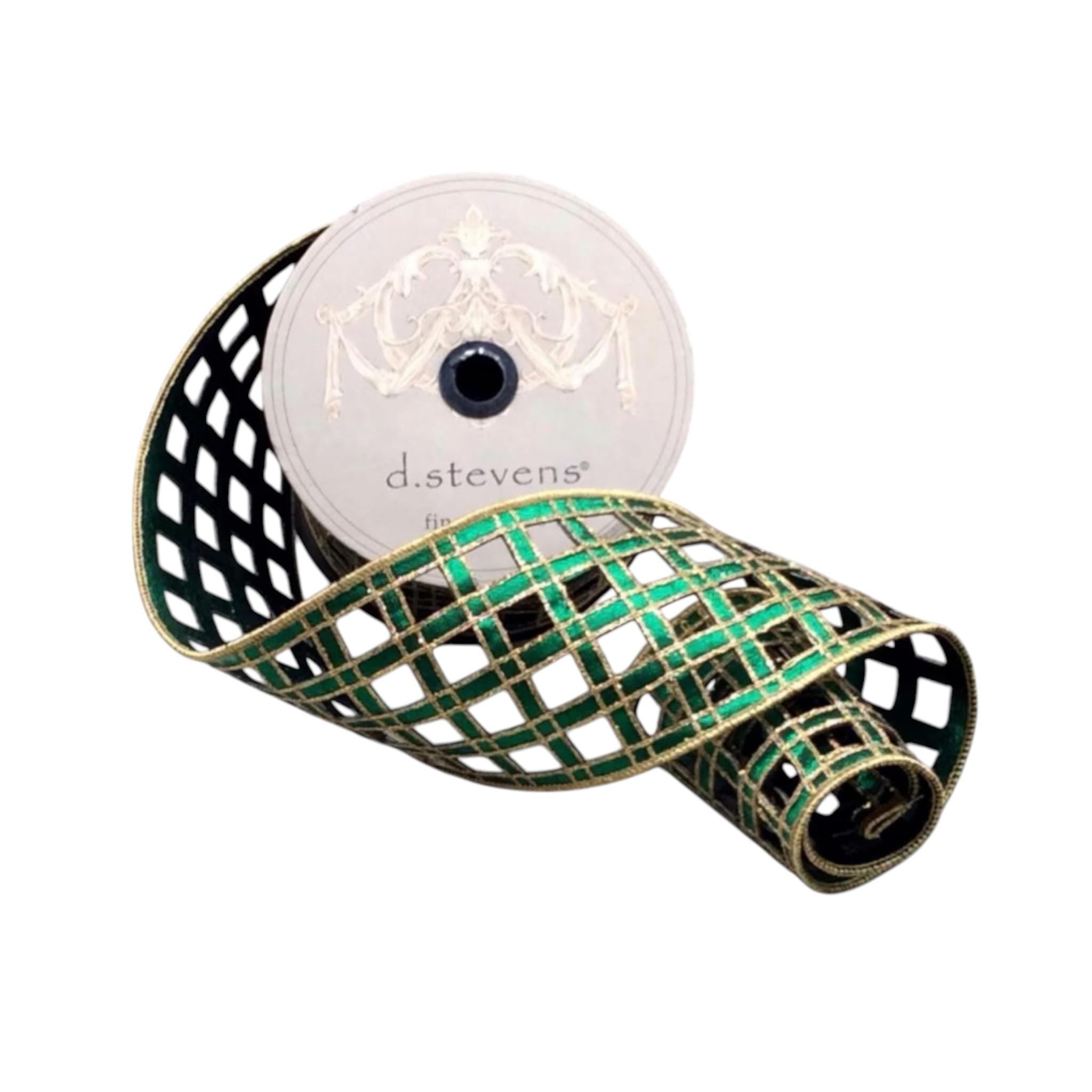 Christmas Ribbon Wired Ribbon Windowpane Ribbon Green Gold Ribbon Wreath Ribbon Holiday Designer Ribbon D. Stevens