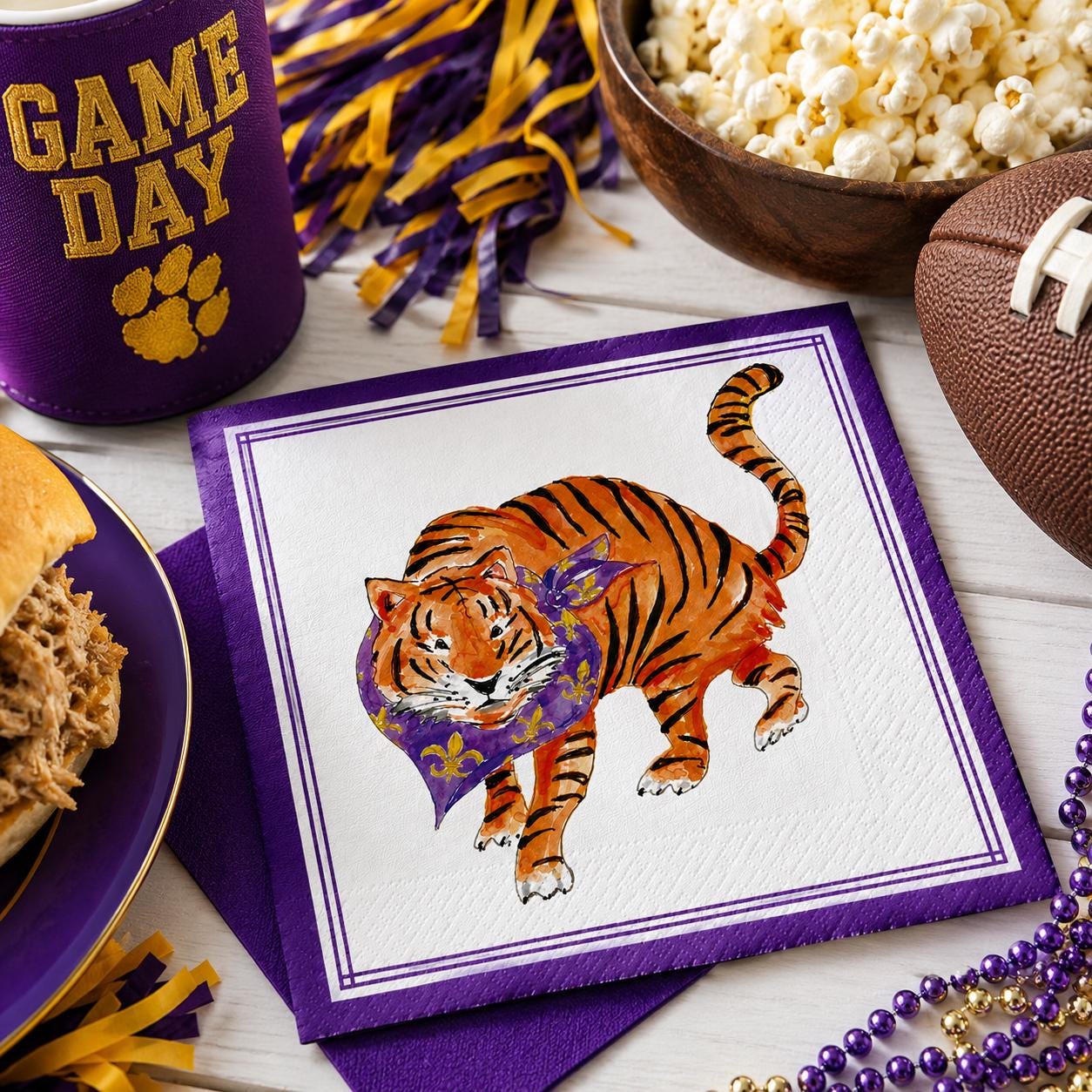 Tiger Cocktail Napkins Football Party Supplies Napkins Tailgate Party Decor Purple & Gold Paper Napkins Beverage Napkins Tiger Decor