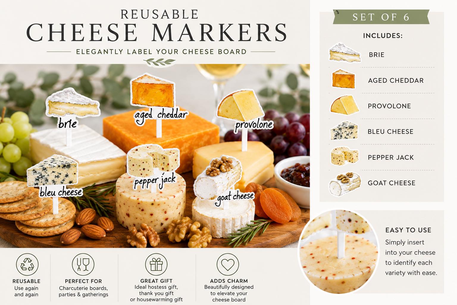 Reusable Cheese Markers Charcuterie Board Accessories Appetizer Picks Food Labels Food Picks Hostess Gift Thank You Gift Set of 6