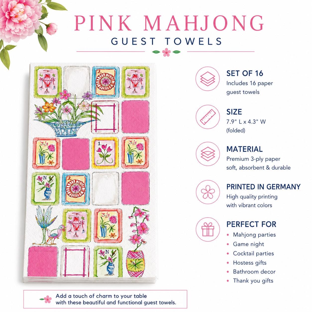 Pink Mahjong Guest & Cocktail Napkins | Mahjong Party Decor | Hostess Gift | Game Night Entertaining | Paper Party Napkins