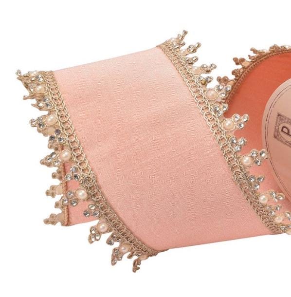 Vintage Cameo Pink Pearl Ribbon, Luxury Decorative Metallic Wired Ribbon for Wreaths & Christmas Decor