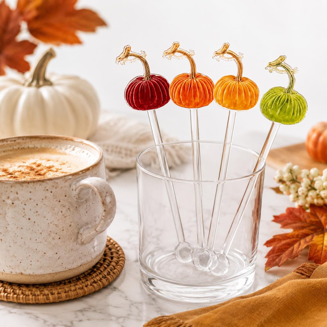 Pumpkin Acrylic Stir Sticks Fall Cocktail Stirrers Thanksgiving Bar Accessories Gourds Halloween Entertaining Hostess Gift Thank you Gift
