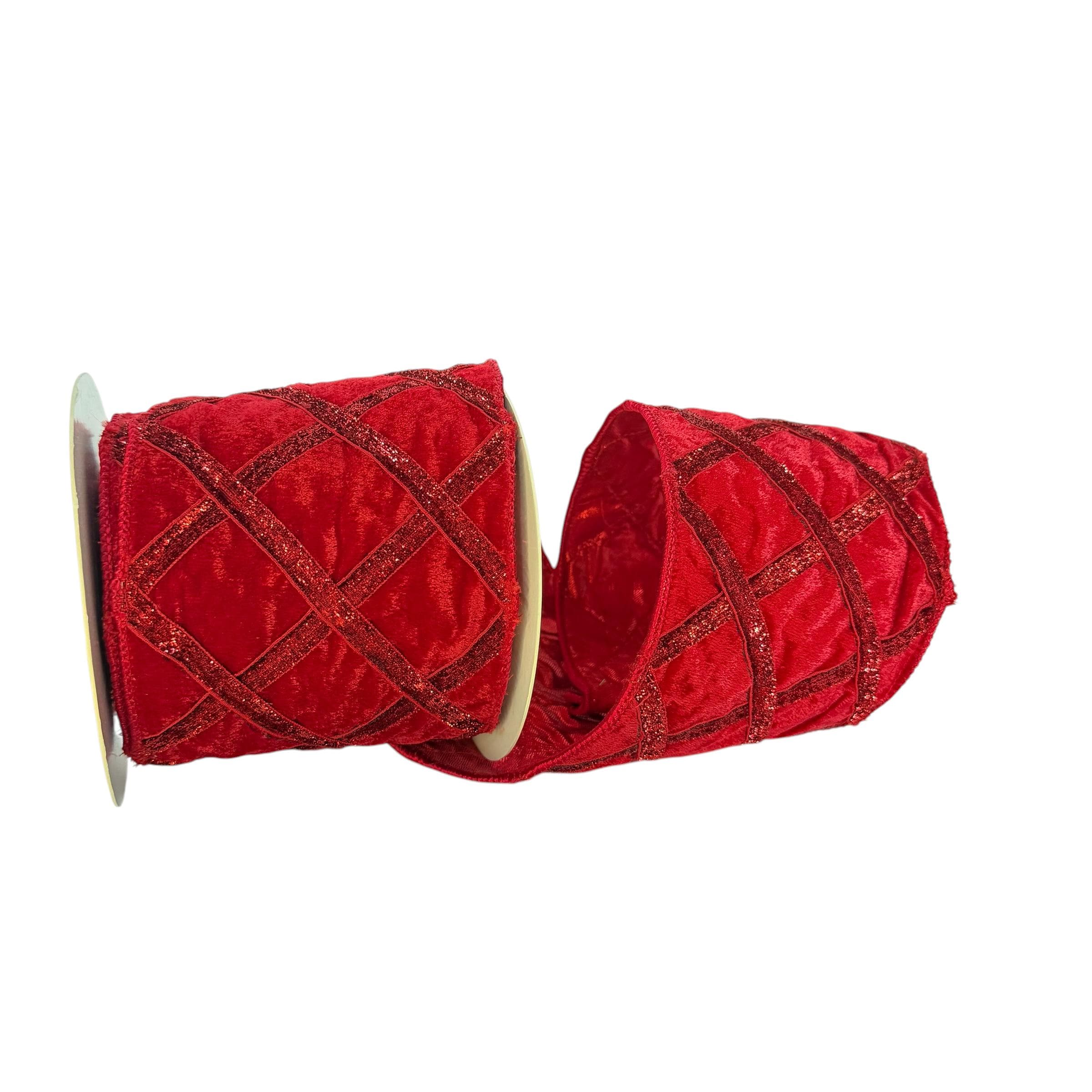 Red Velvet Christmas Ribbon, Wired Ribbon, Glitter Lattice Ribbon for Wreaths & Tree Decor