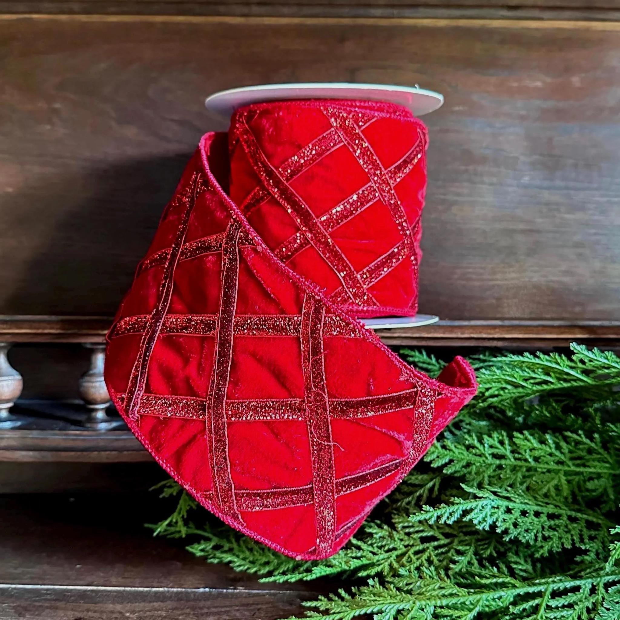 Red Velvet Christmas Ribbon, Wired Ribbon, Glitter Lattice Ribbon for Wreaths & Tree Decor