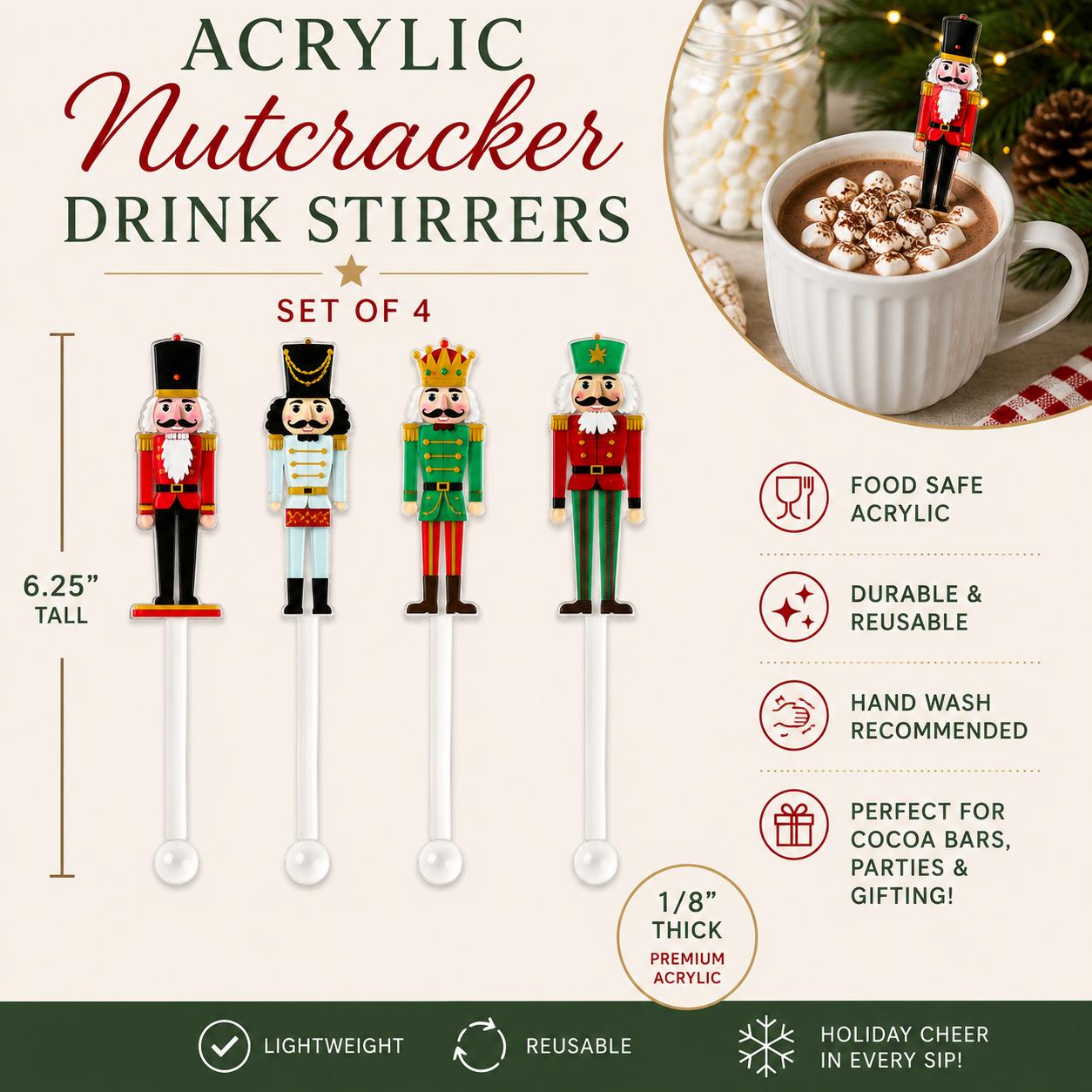 Christmas Nutcracker Drink Stirrers Acrylic Cocktail Stirrers Reusable Hot Cocoa Bar Christmas Party Drink Accessories Hostess Gift