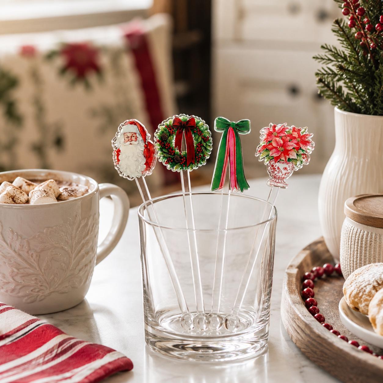 Vintage Christmas Drink Stirrers Acrylic Cocktail Stirrers Coffee Bar Hot Cocoa Bar Reusable Christmas Party Hostess Gift Thank You Gift