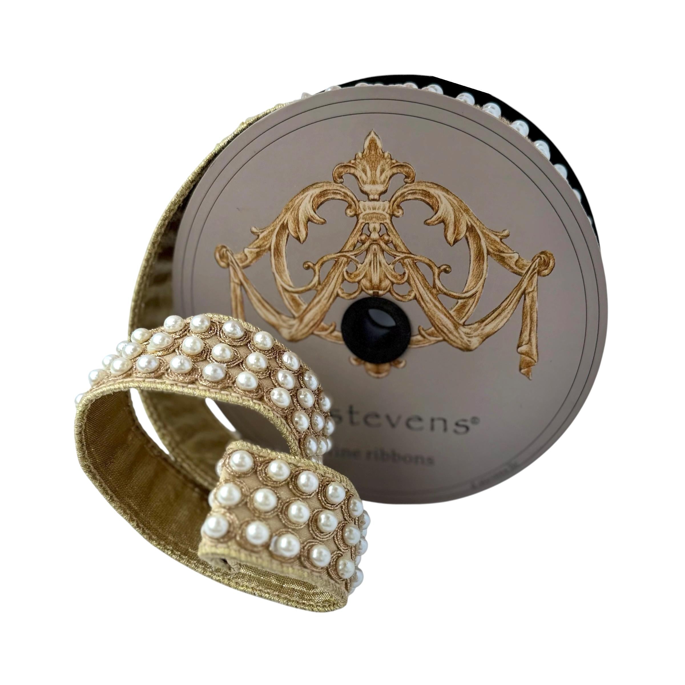 Christmas Ribbon, Wired Ribbon, D. Stevens Ribbon, Gold Ribbon, Designer Ribbon, Luxury Pearl Trim Ribbon, Tree Decor