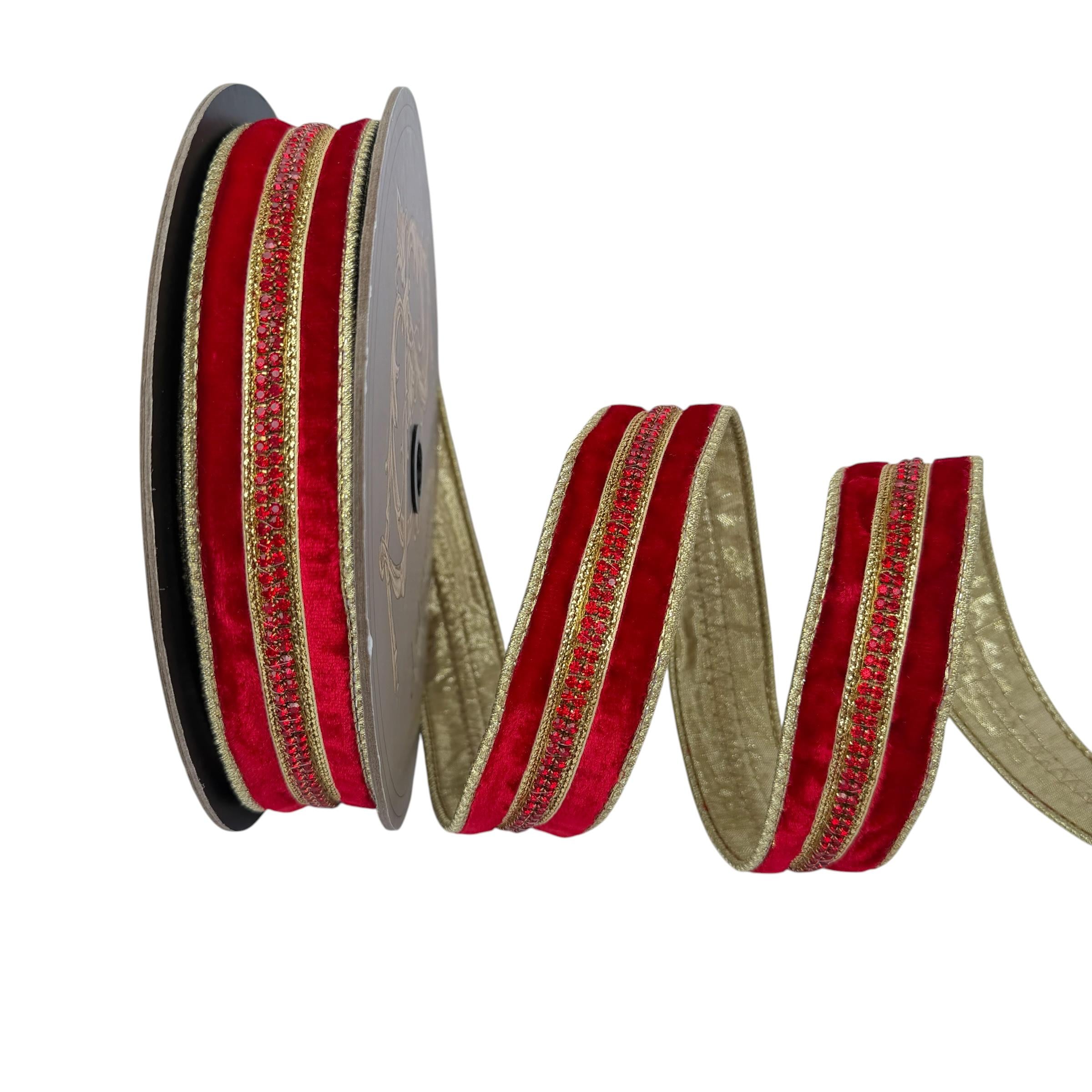 Christmas Ribbon, Wired Ribbon, Luxury Ribbon, Red Velvet Gold Ribbon, Holiday Ribbon, D Stevens Designer Ribbon, Christmas Tree Ribbon
