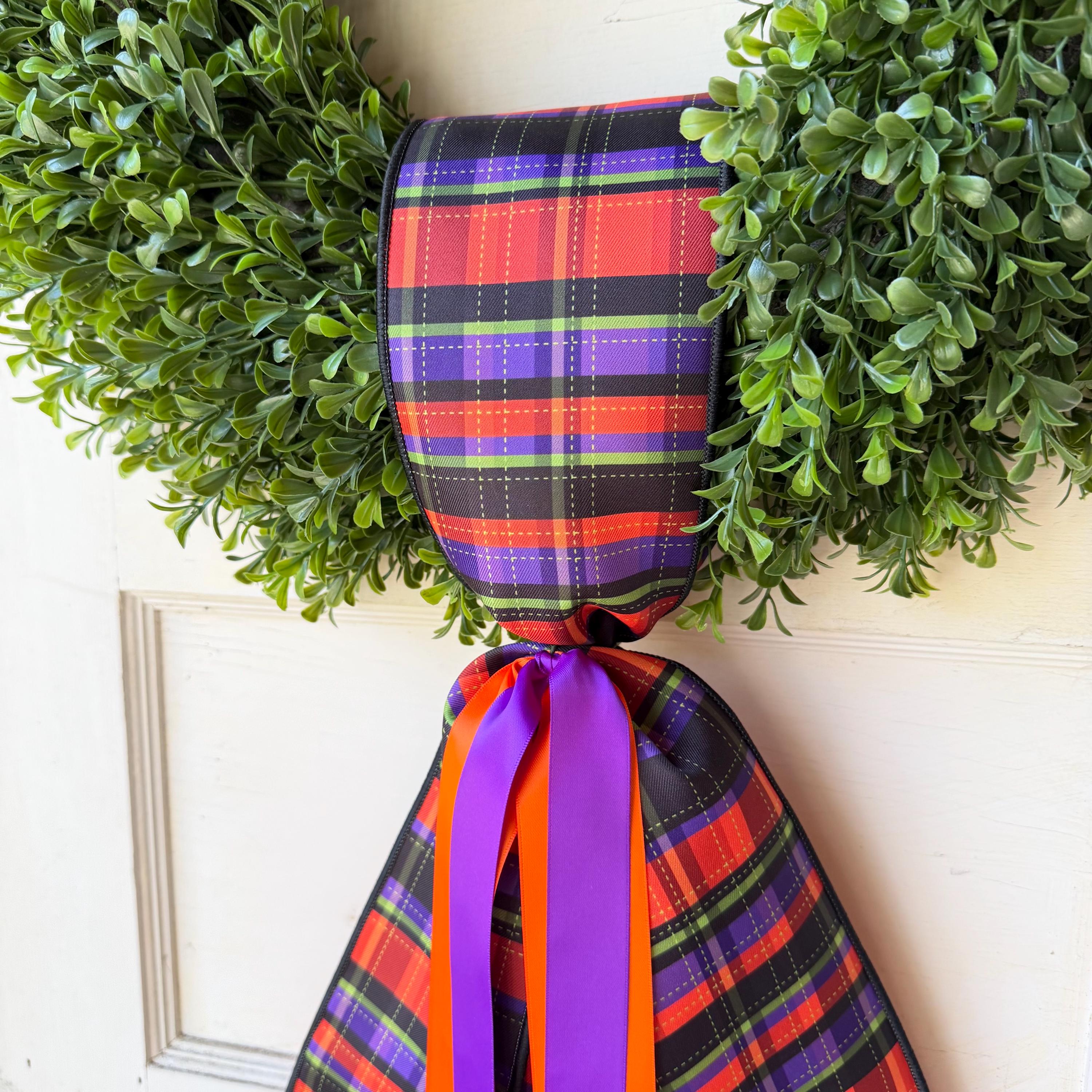 Halloween Wreath Sash for Interchangeable Boxwood Wreath Fall Front Door Decor Purple Orange Plaid Ribbon Seasonal Porch Decoration Handmade
