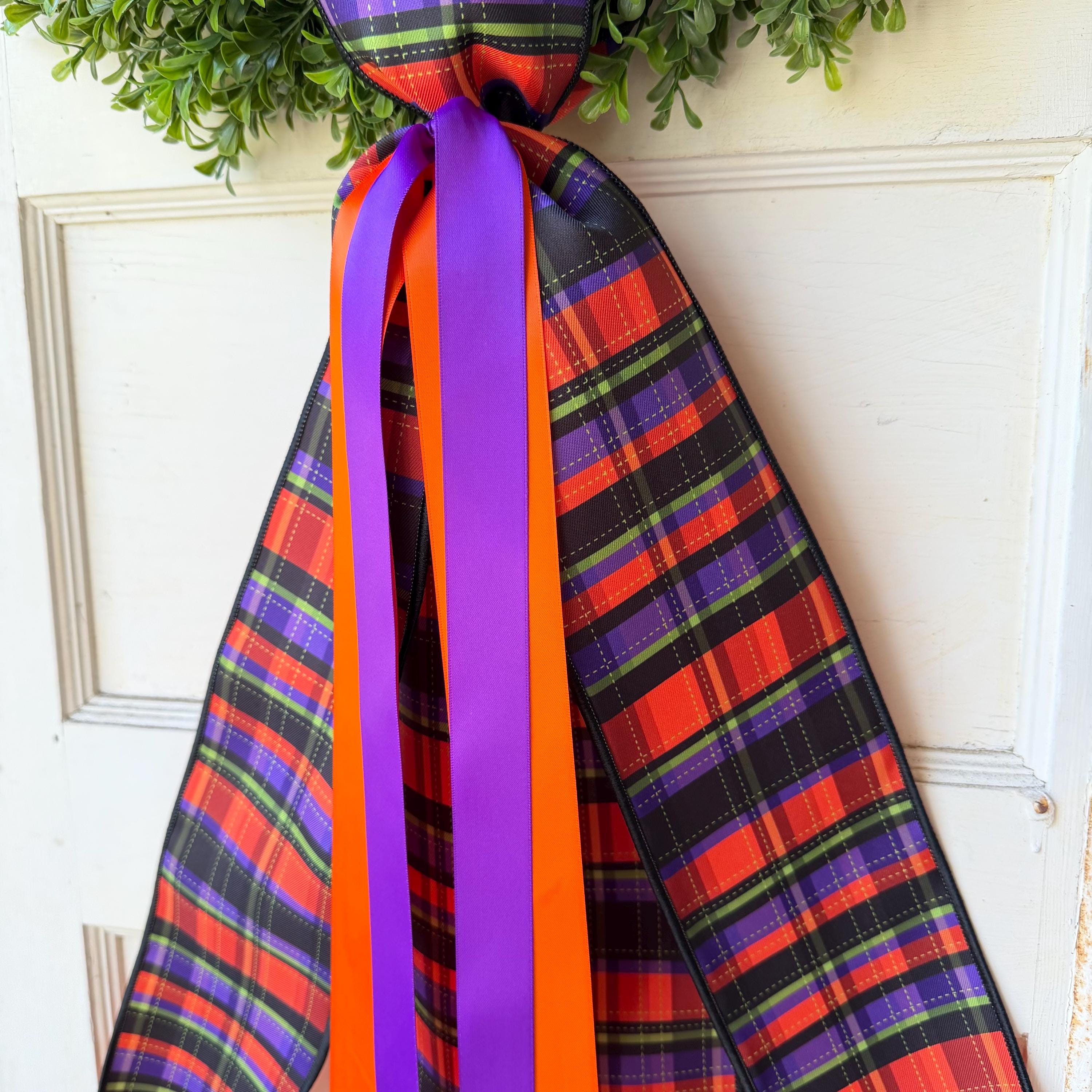 Halloween Wreath Sash for Interchangeable Boxwood Wreath Fall Front Door Decor Purple Orange Plaid Ribbon Seasonal Porch Decoration Handmade