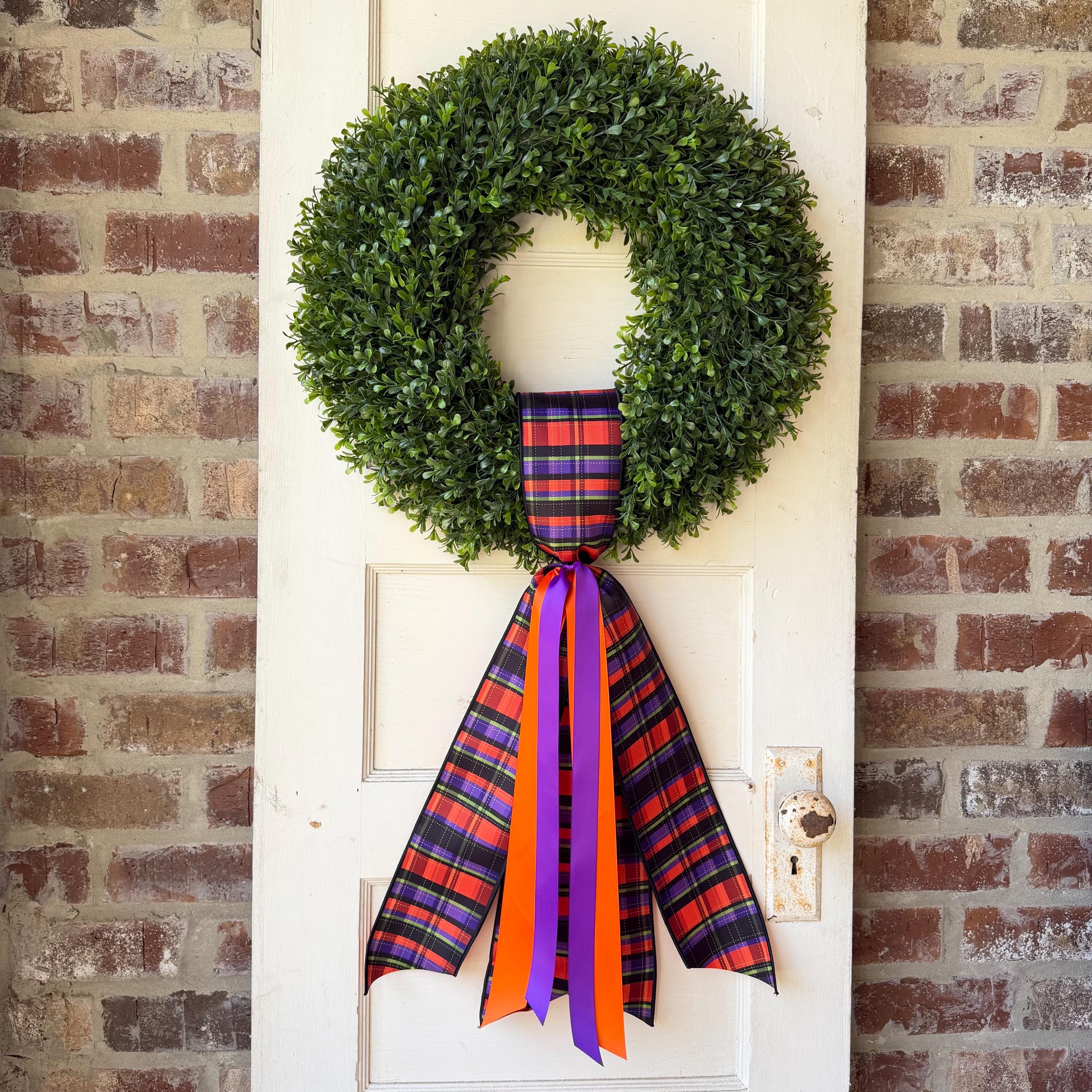 Halloween Wreath Sash for Interchangeable Boxwood Wreath Fall Front Door Decor Purple Orange Plaid Ribbon Seasonal Porch Decoration Handmade