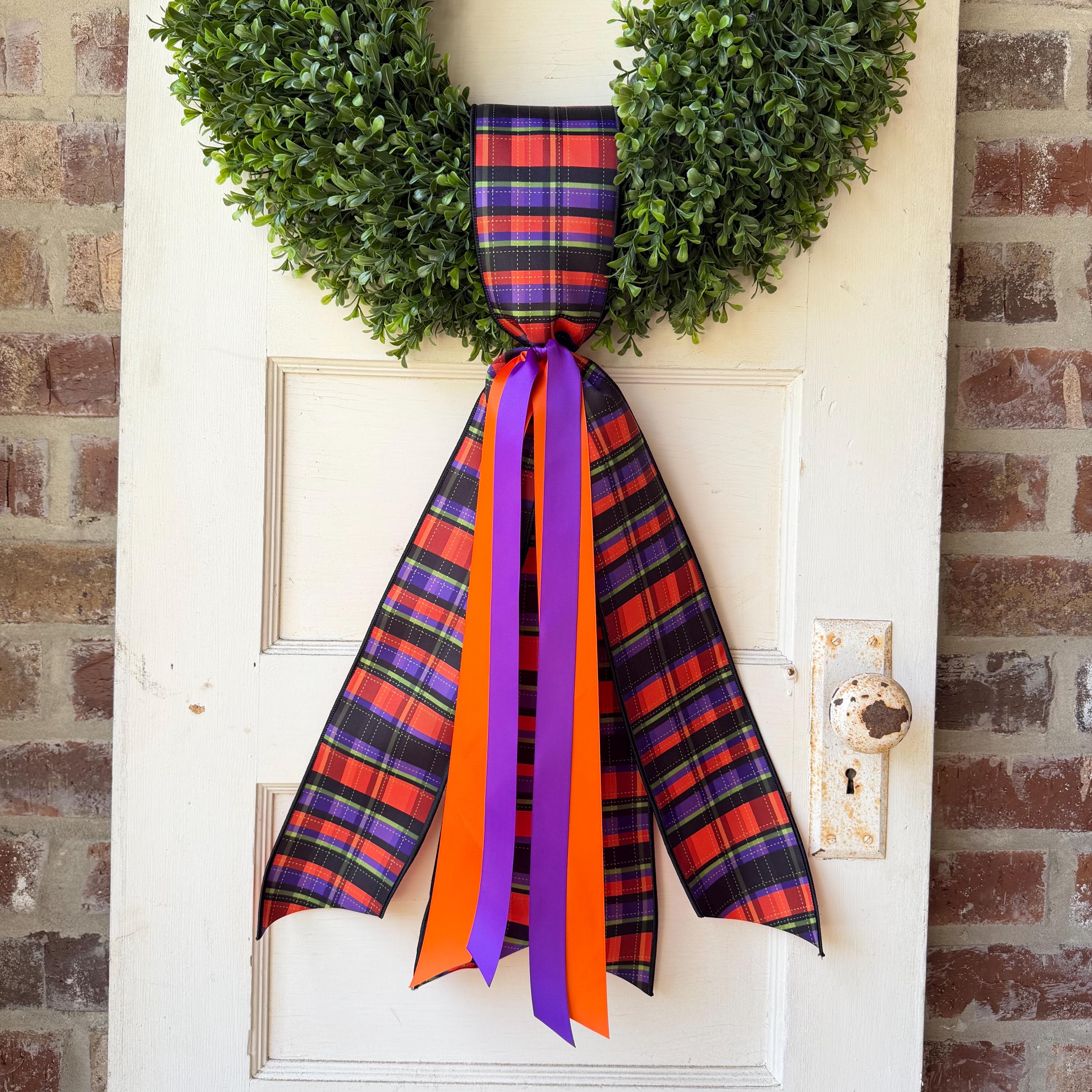 Halloween Wreath Sash for Interchangeable Boxwood Wreath Fall Front Door Decor Purple Orange Plaid Ribbon Seasonal Porch Decoration Handmade