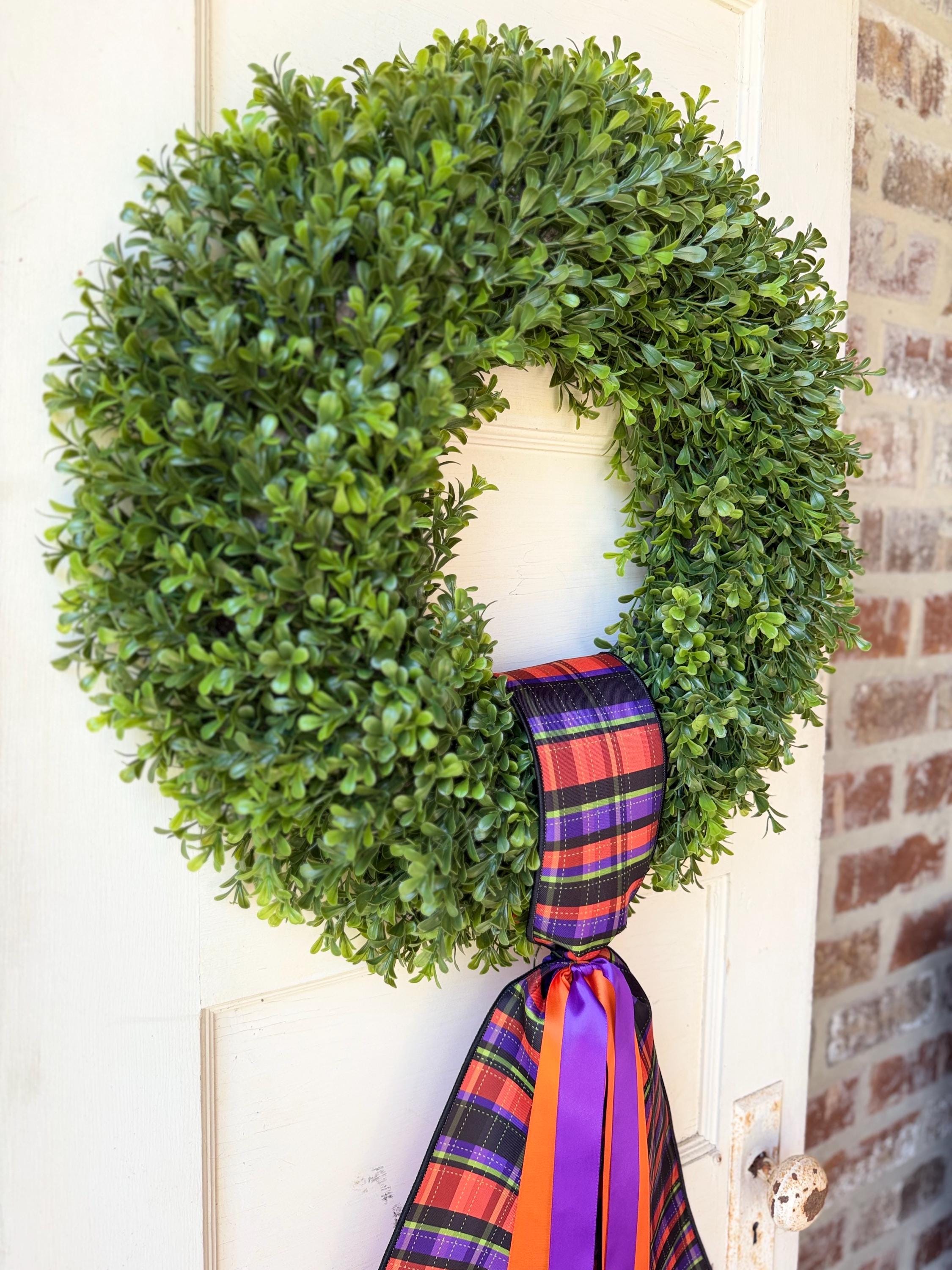 Halloween Wreath Sash for Interchangeable Boxwood Wreath Fall Front Door Decor Purple Orange Plaid Ribbon Seasonal Porch Decoration Handmade