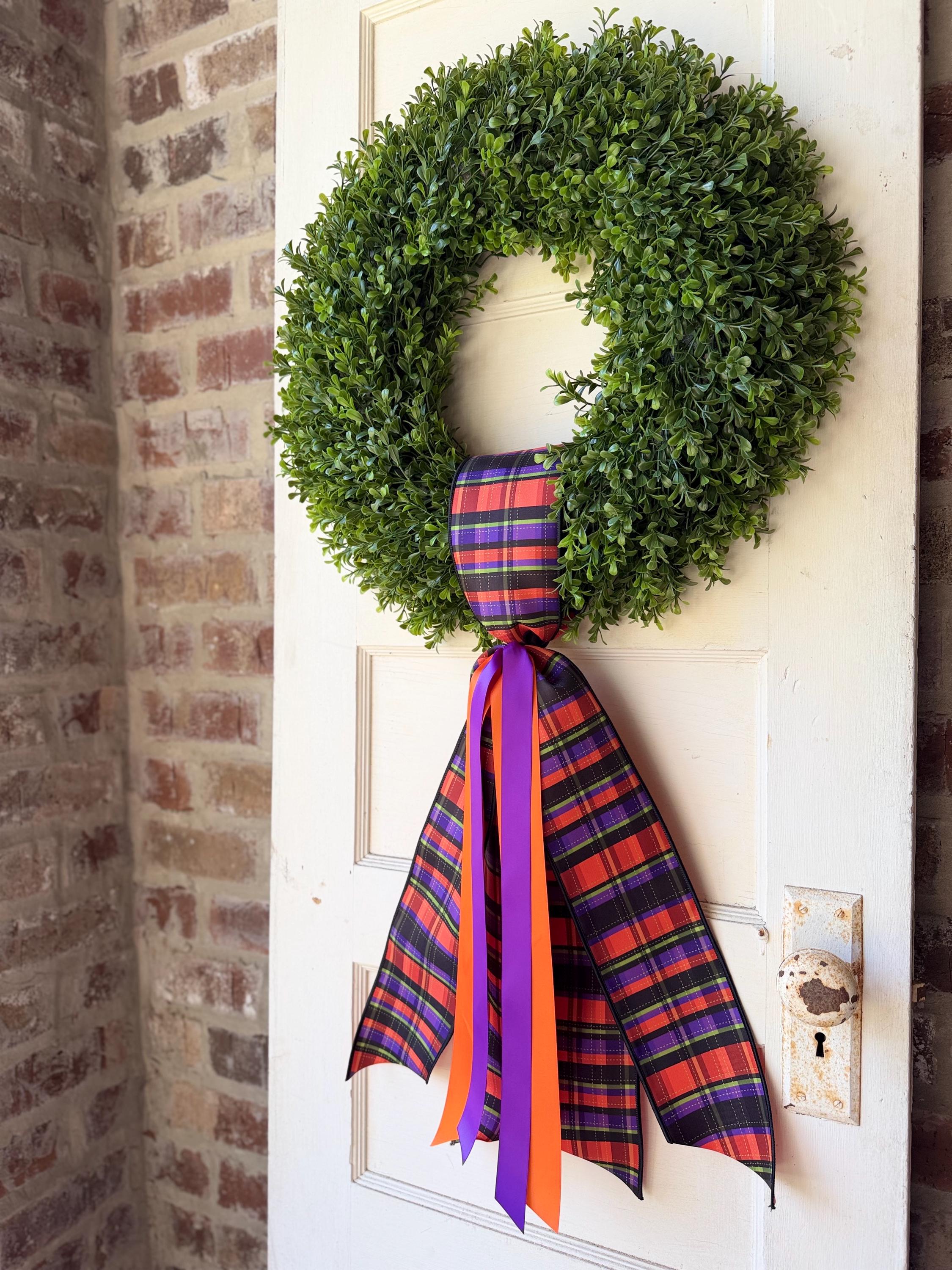 Halloween Wreath Sash for Interchangeable Boxwood Wreath Fall Front Door Decor Purple Orange Plaid Ribbon Seasonal Porch Decoration Handmade