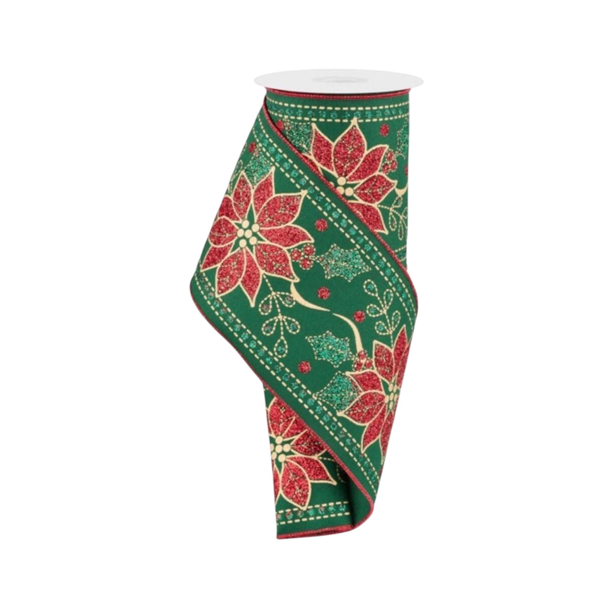 Christmas Ribbon, Glitter Poinsettia Wired Ribbon, Holiday Ribbon for Wreaths, Christmas Tree Ribbon, Gift Wrapping, Red Ribbon