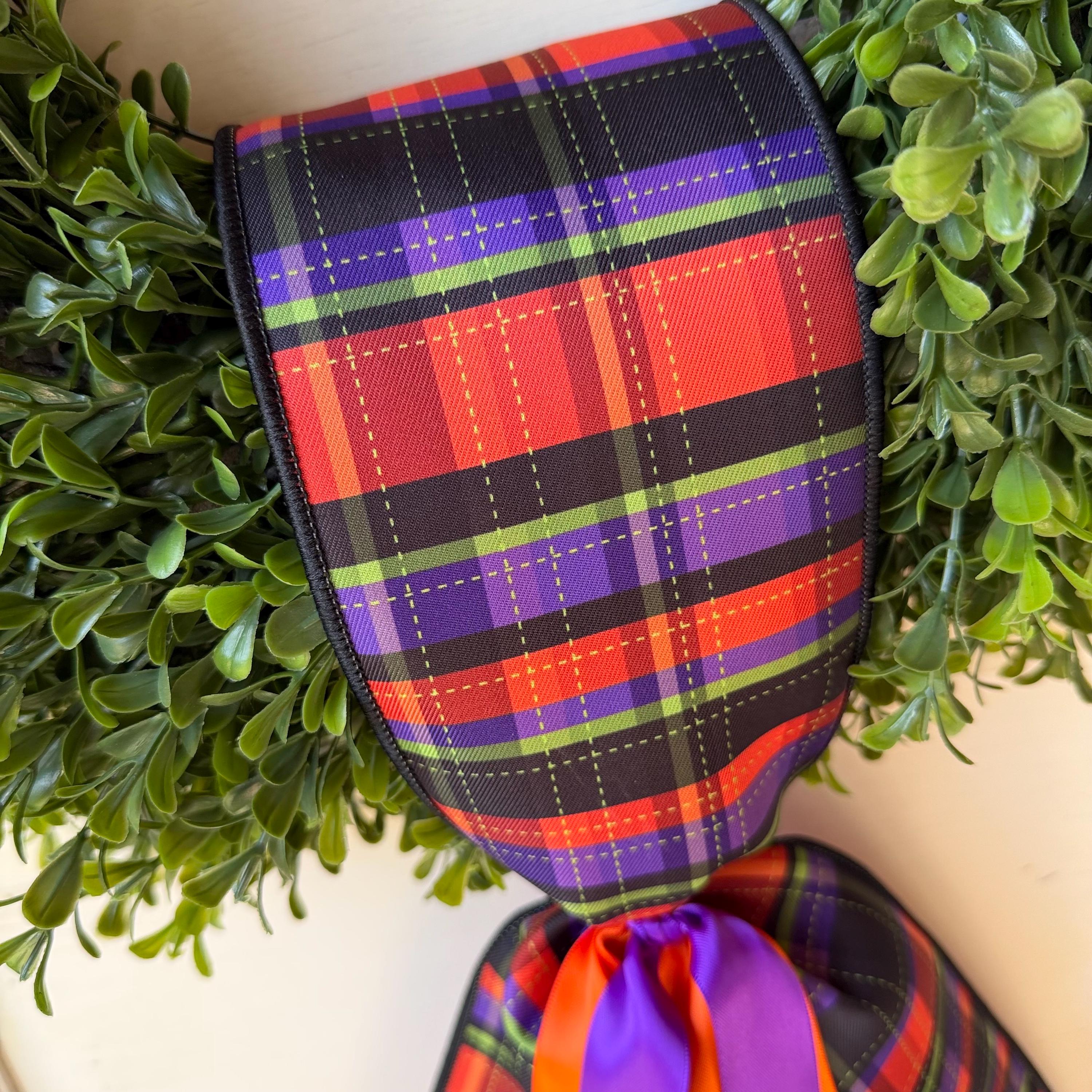 Halloween Wreath Sash for Interchangeable Boxwood Wreath Fall Front Door Decor Purple Orange Plaid Ribbon Seasonal Porch Decoration Handmade