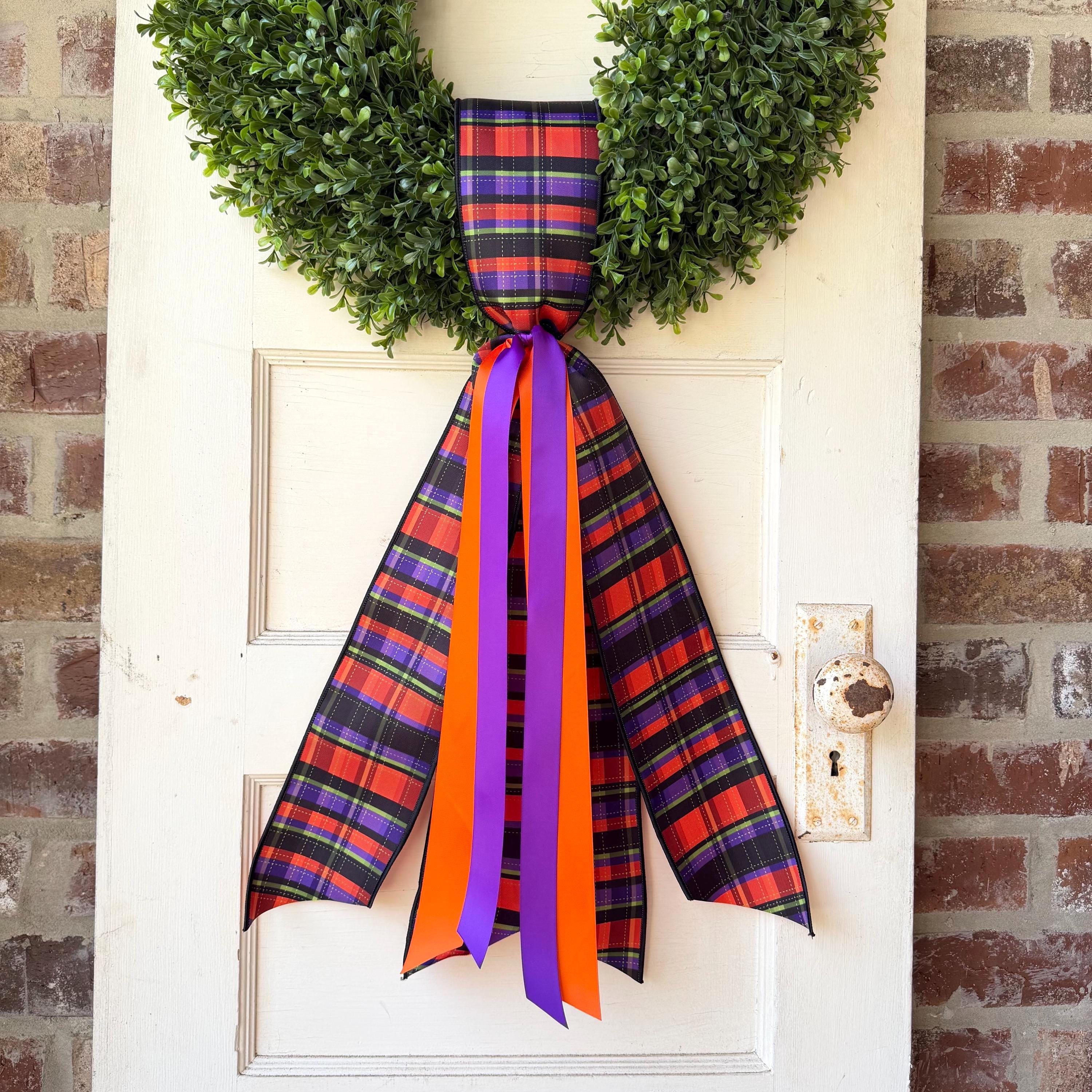 Halloween Wreath Sash for Interchangeable Boxwood Wreath Fall Front Door Decor Purple Orange Plaid Ribbon Seasonal Porch Decoration Handmade