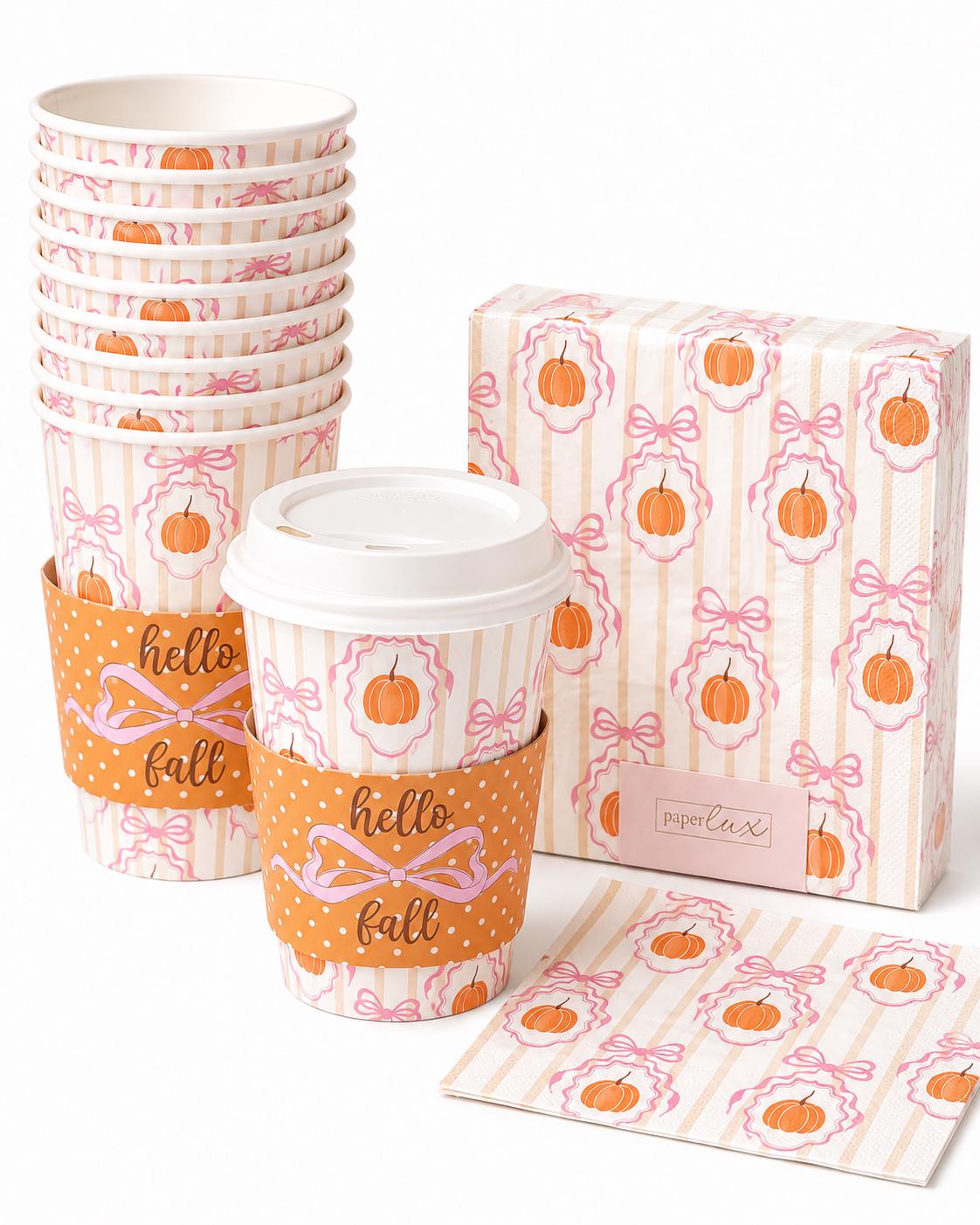 Pink Pumpkin Fall Party Cups and Napkins Set 16 oz Hot Drink Cups with Lids and Sleeves Thanksgiving Coffee Bar