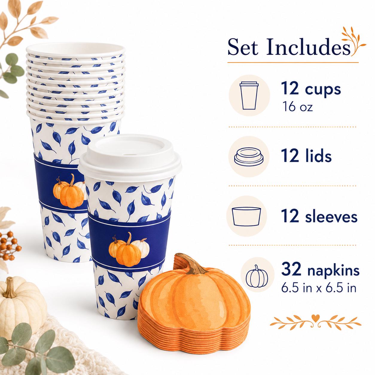 Fall Coffee Cups and Pumpkin Napkins Hot Drink Cups with Lids Thanksgiving Coffee Bar Fall Party Supplies