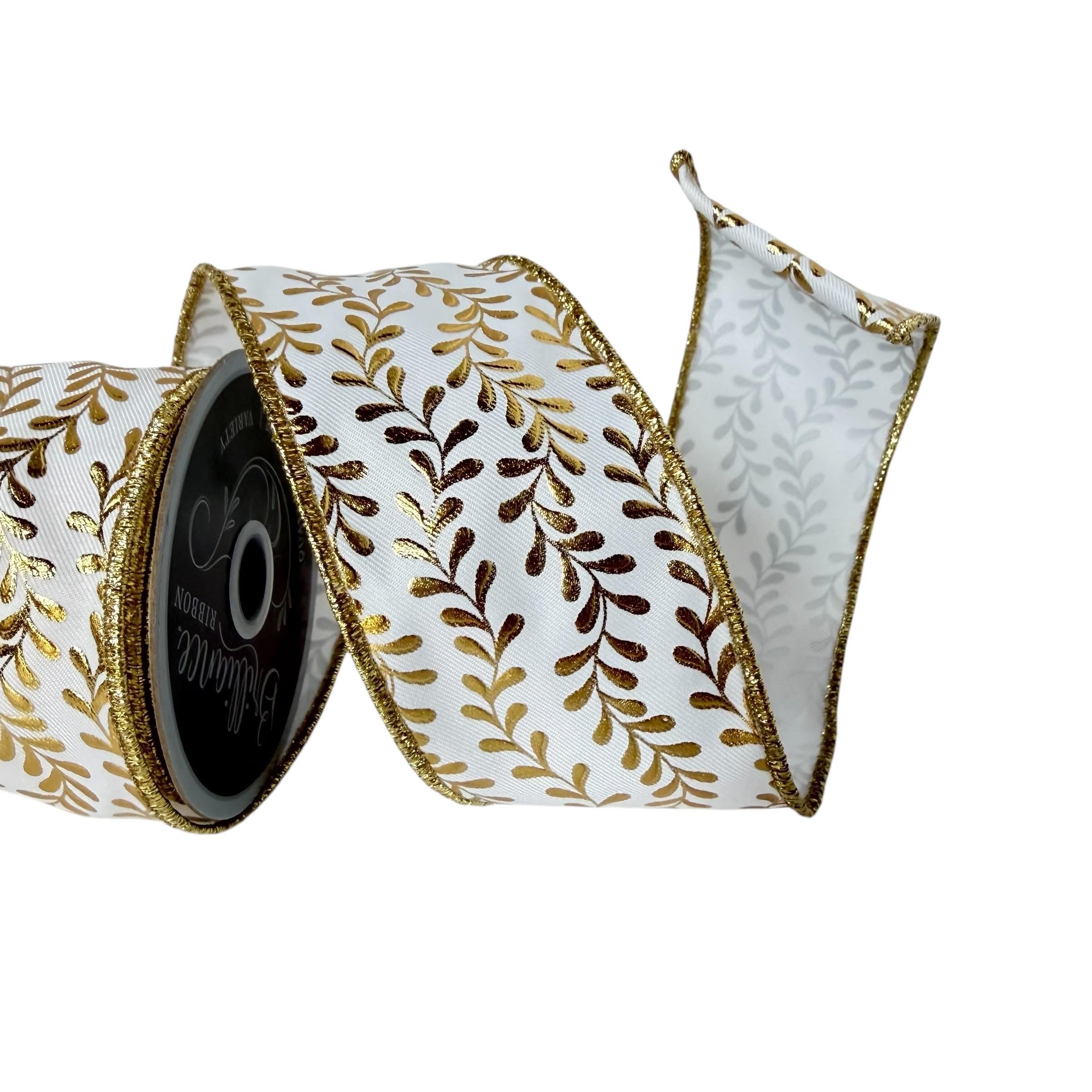 White with Gold Foil Leaf Wired Ribbon: Fall to Christmas Decor (10 Yards)
