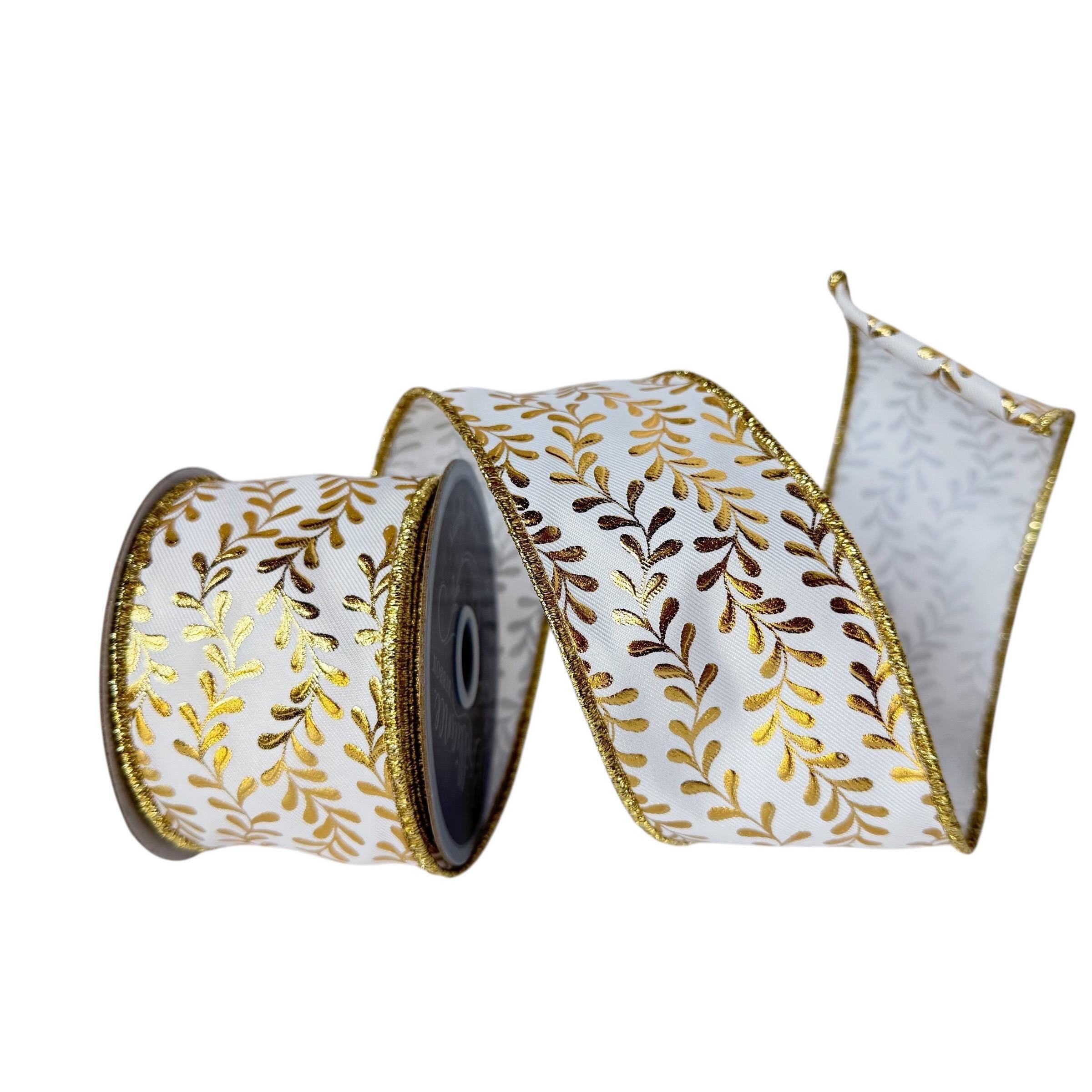 White with Gold Foil Leaf Wired Ribbon: Fall to Christmas Decor (10 Yards)