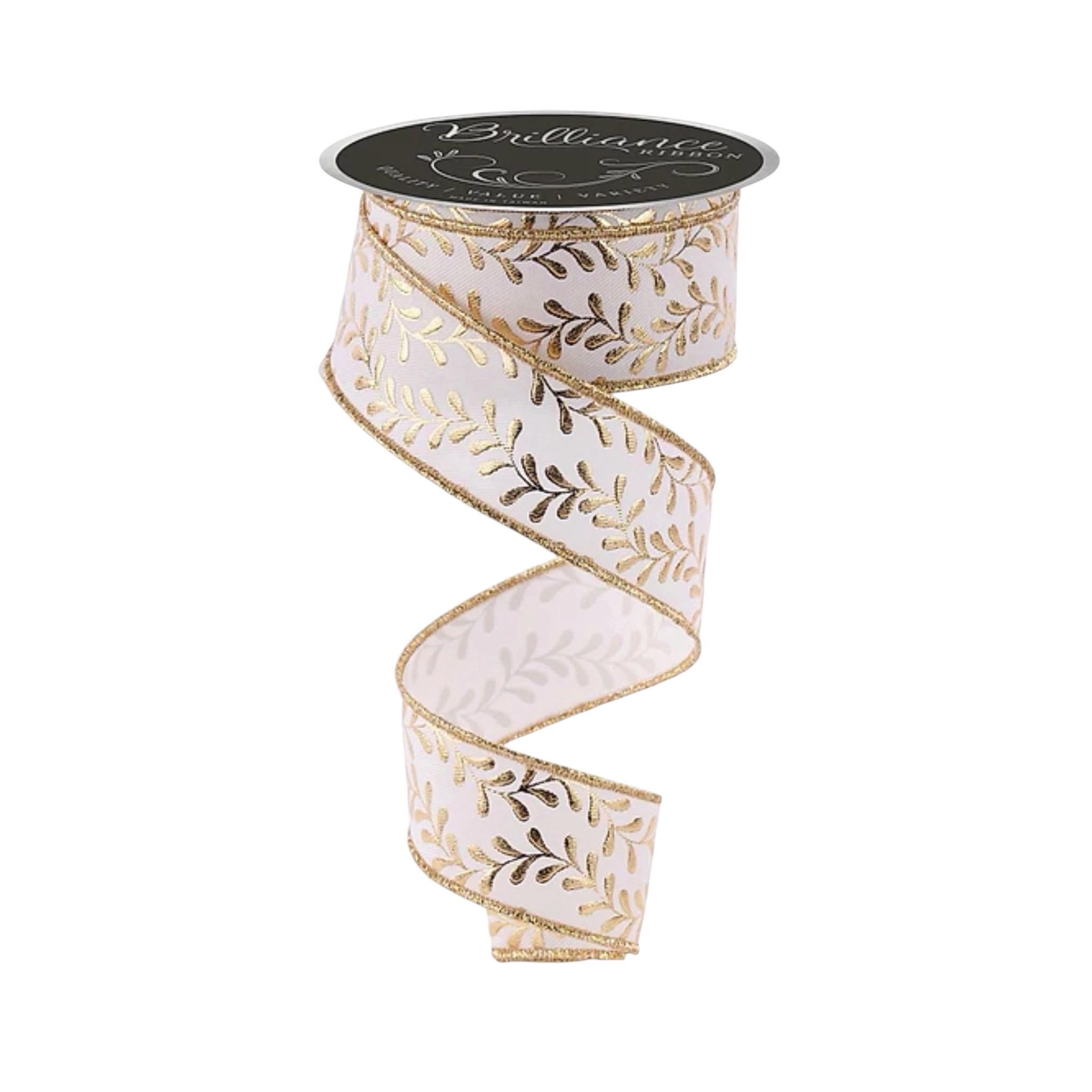 White Gold Wired Ribbon, Metallic Leaf Ribbon, Wreath Ribbon, Bow Making Ribbon Wedding Christmas Decor