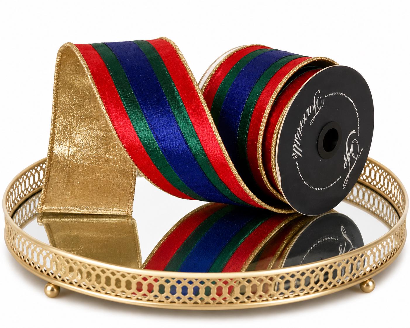 Christmas Ribbon Multicolor Striped Wired Ribbon Red Green Blue Wreath Ribbon Christmas Bow Ribbon Designer Holiday Ribbon