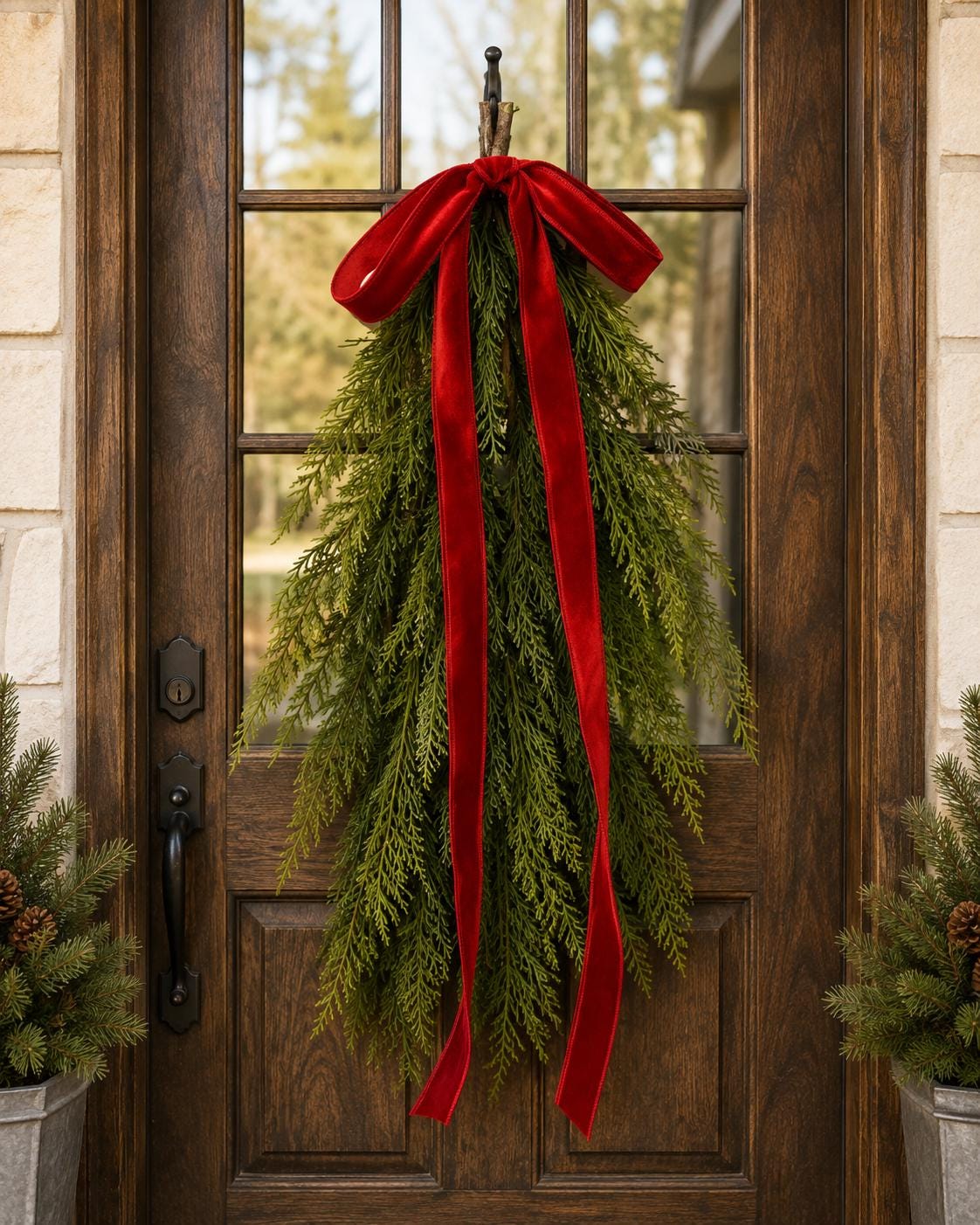 A green evergreen wreath hanging on a dark wood front door, tied at the top with a large red velvet ribbon bow.